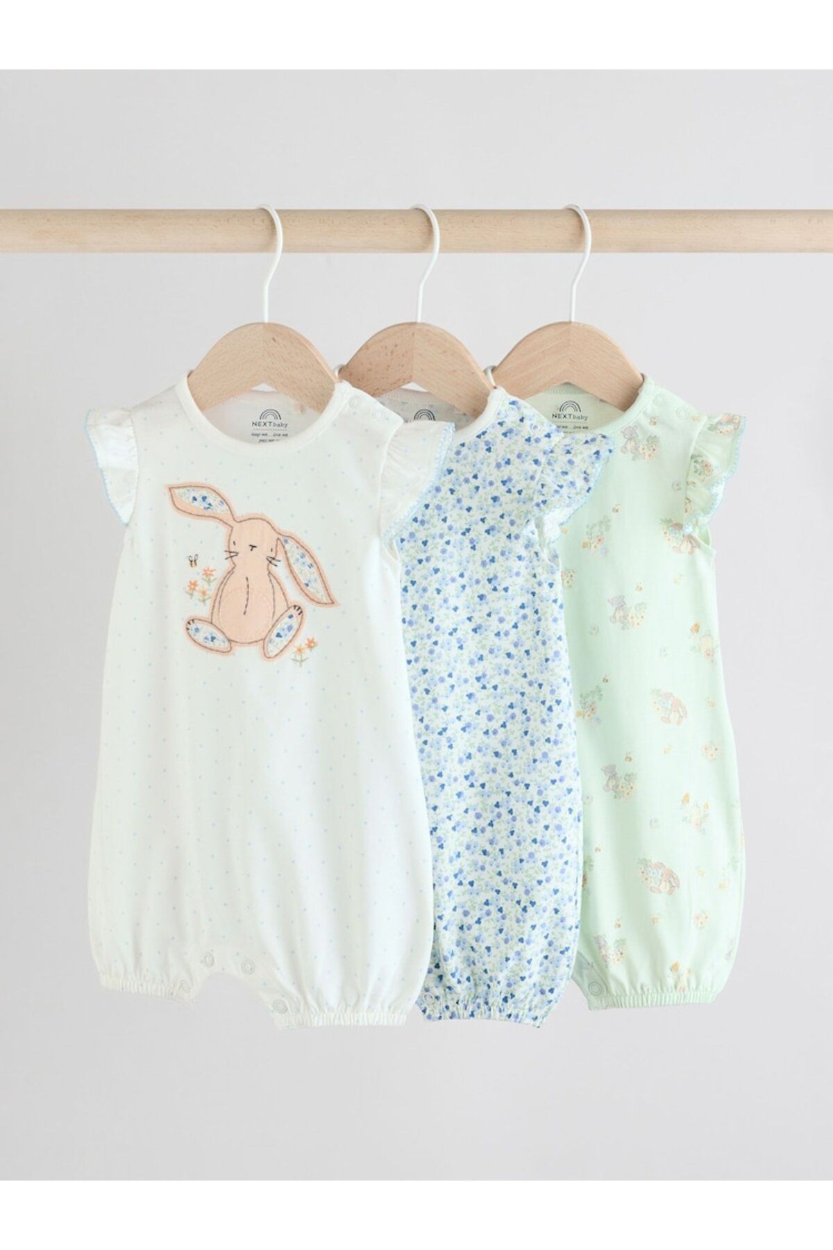 Next Baby %100 Pamuklu Beyaz Tavşan Desenli 3'lü Romper Set