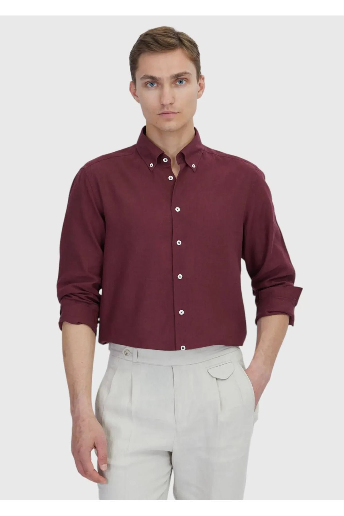 Ramsey Nar Çiçeği Düz Casual Fit Dokuma Casual Pamuk Karışımlı Gömlek