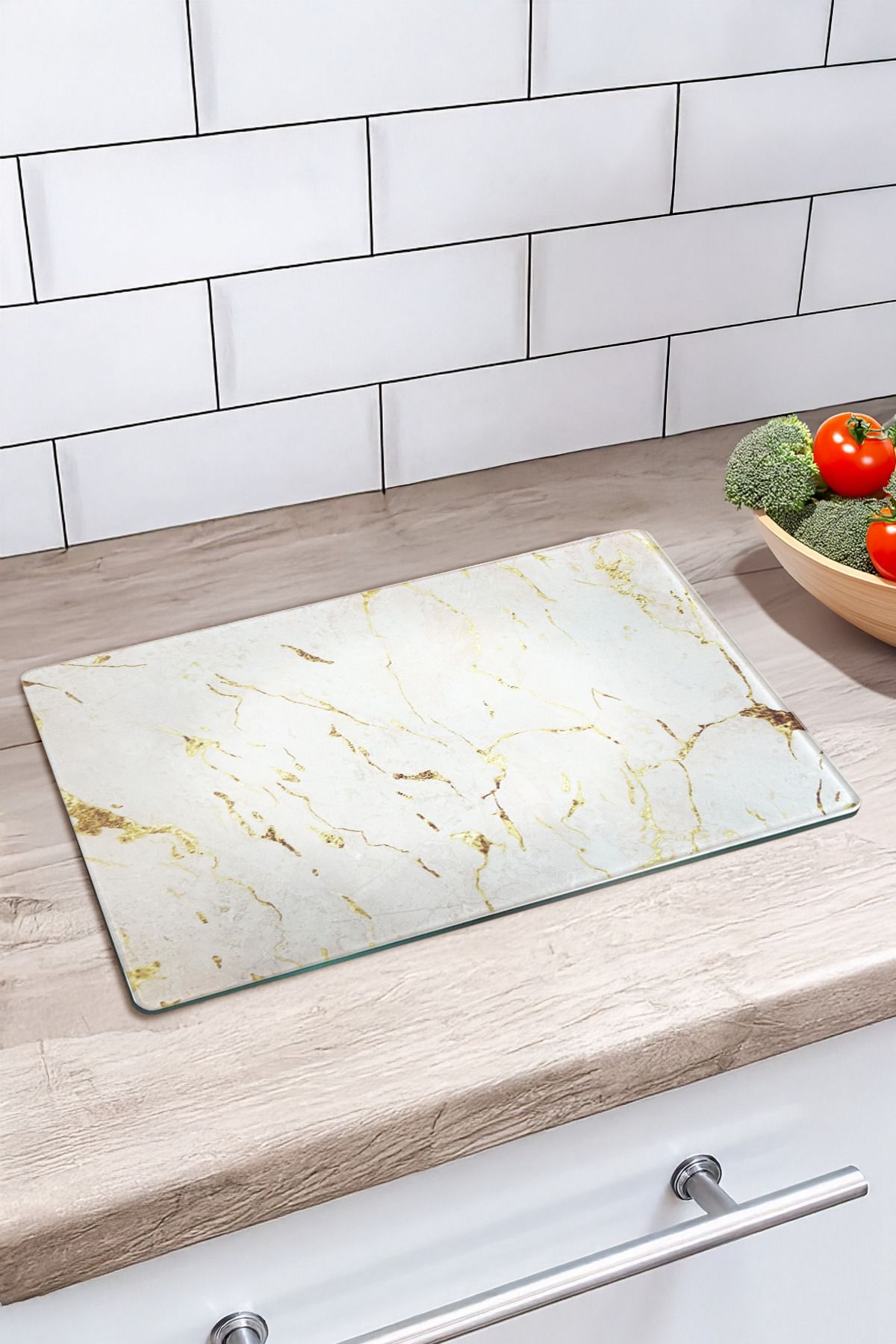 Kitchen Life Mermer Görünümlü Cam Kesme Tahtası - Oval Kenarlı Kesme Tahtası 25x35