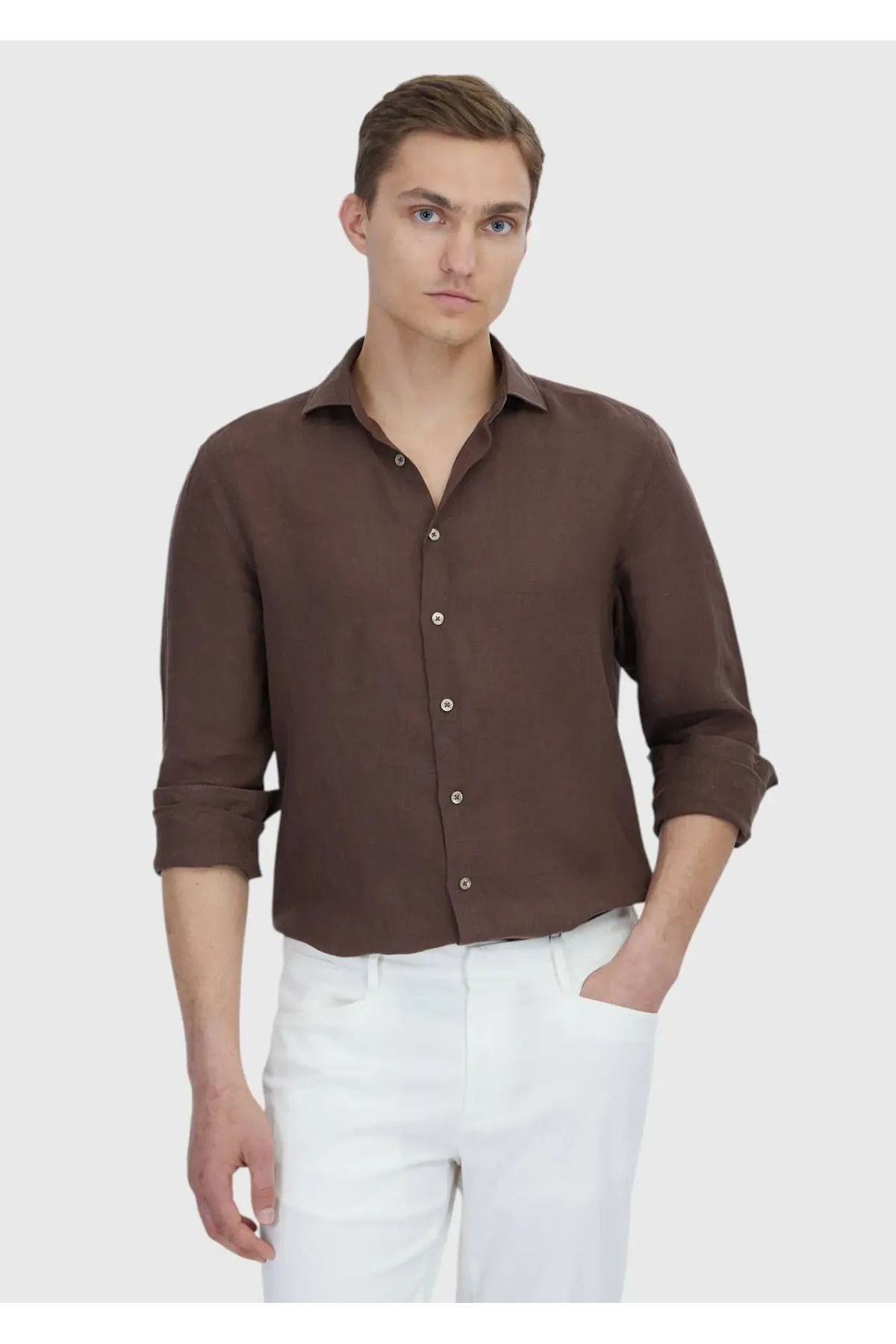 Ramsey Kahverengi Düz Casual Fit Dokuma Casual %100 Keten Gömlek