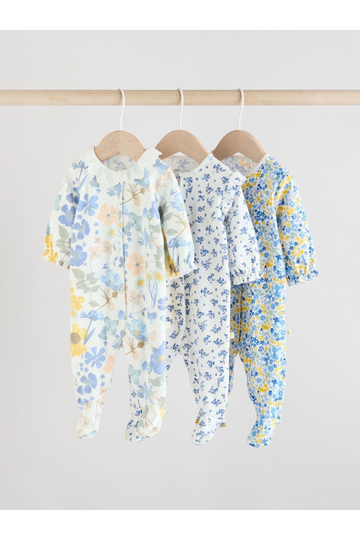 Next Baby %100 Pamuklu Beyaz Yeşil Çiçek Desenli Bebe Dantel Yaka 3'lü Tulum Set