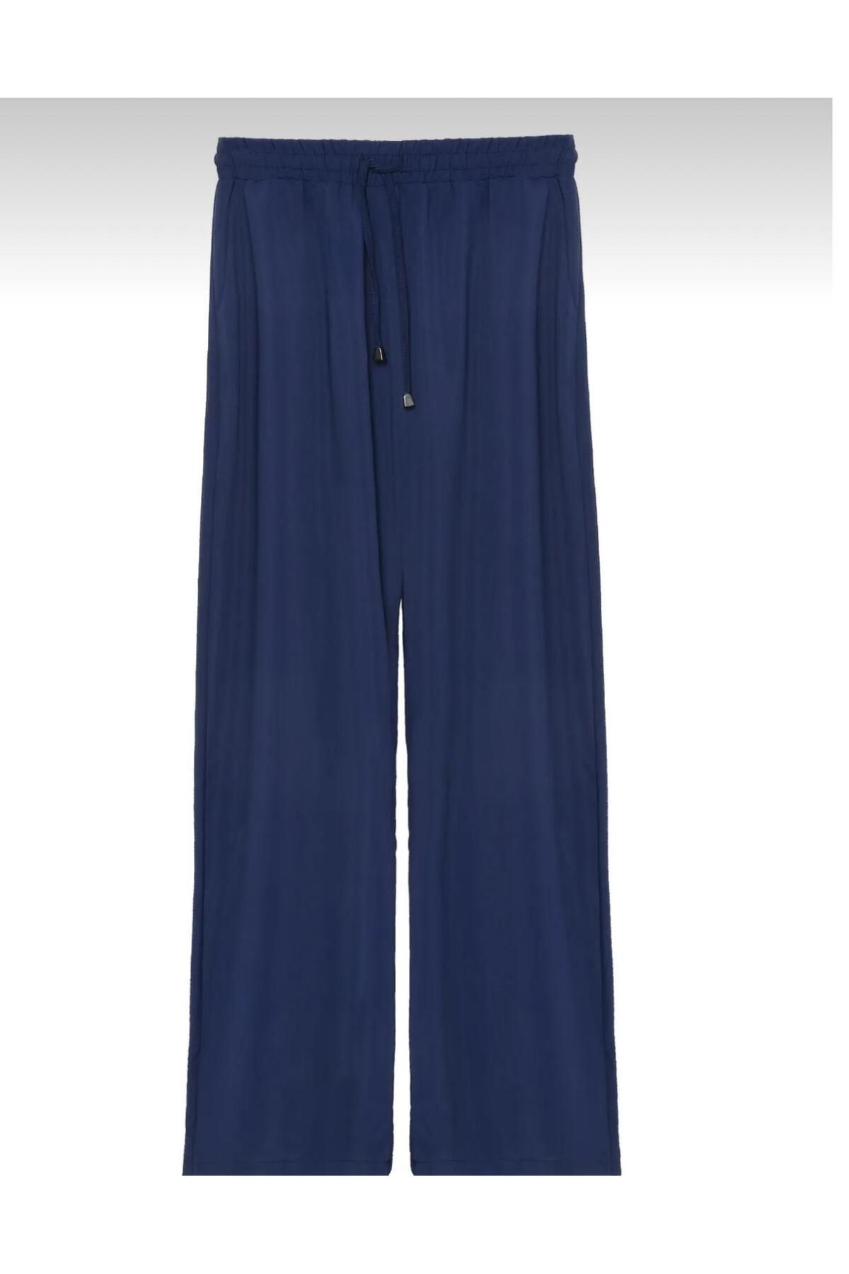 MODA BELİ LASTİKLİ BOL PAÇA LACİVERT PANTOLON