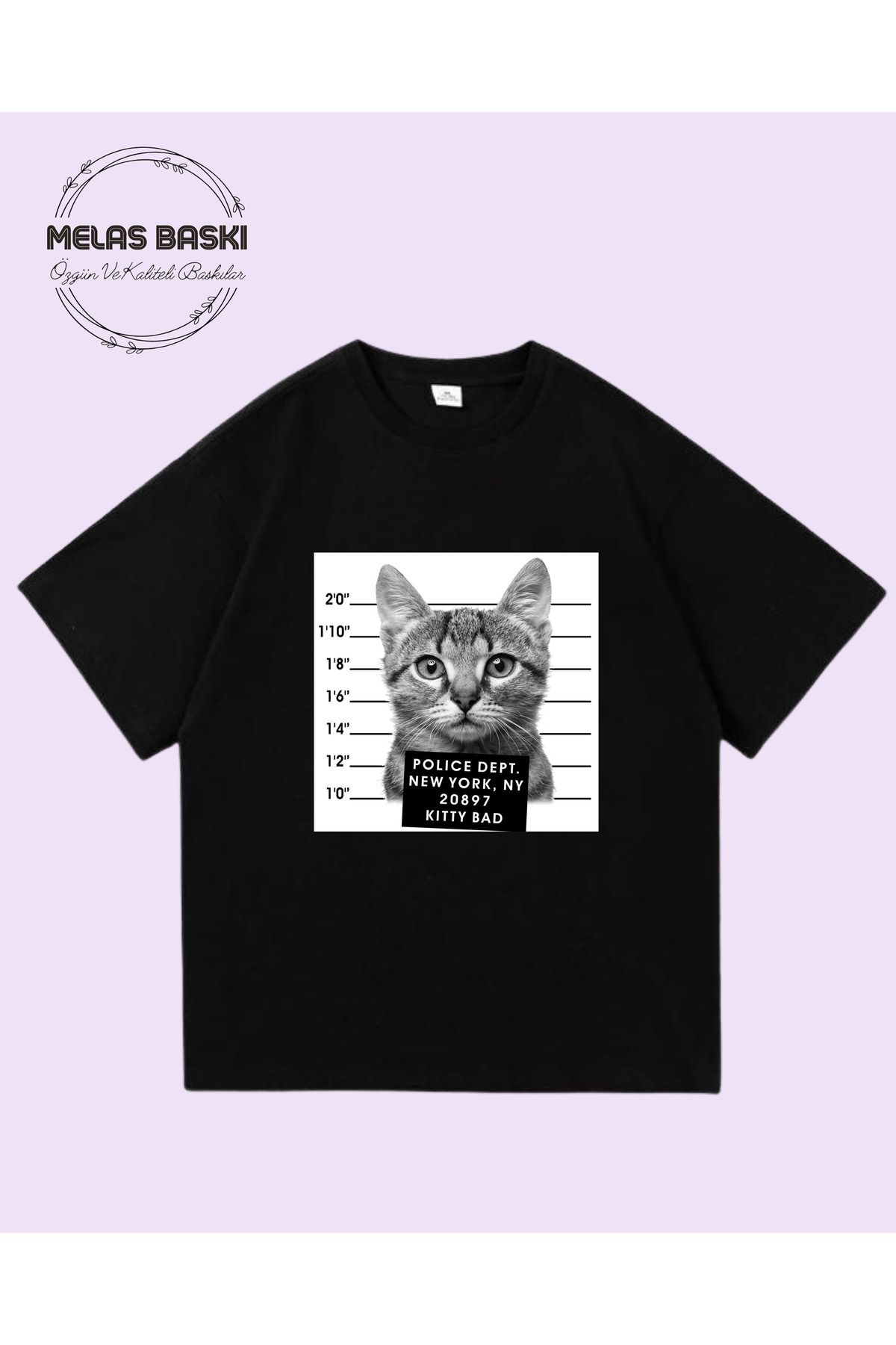 MELAS BASKI Pamuklu Oversize Kedi Baskılı Tişört