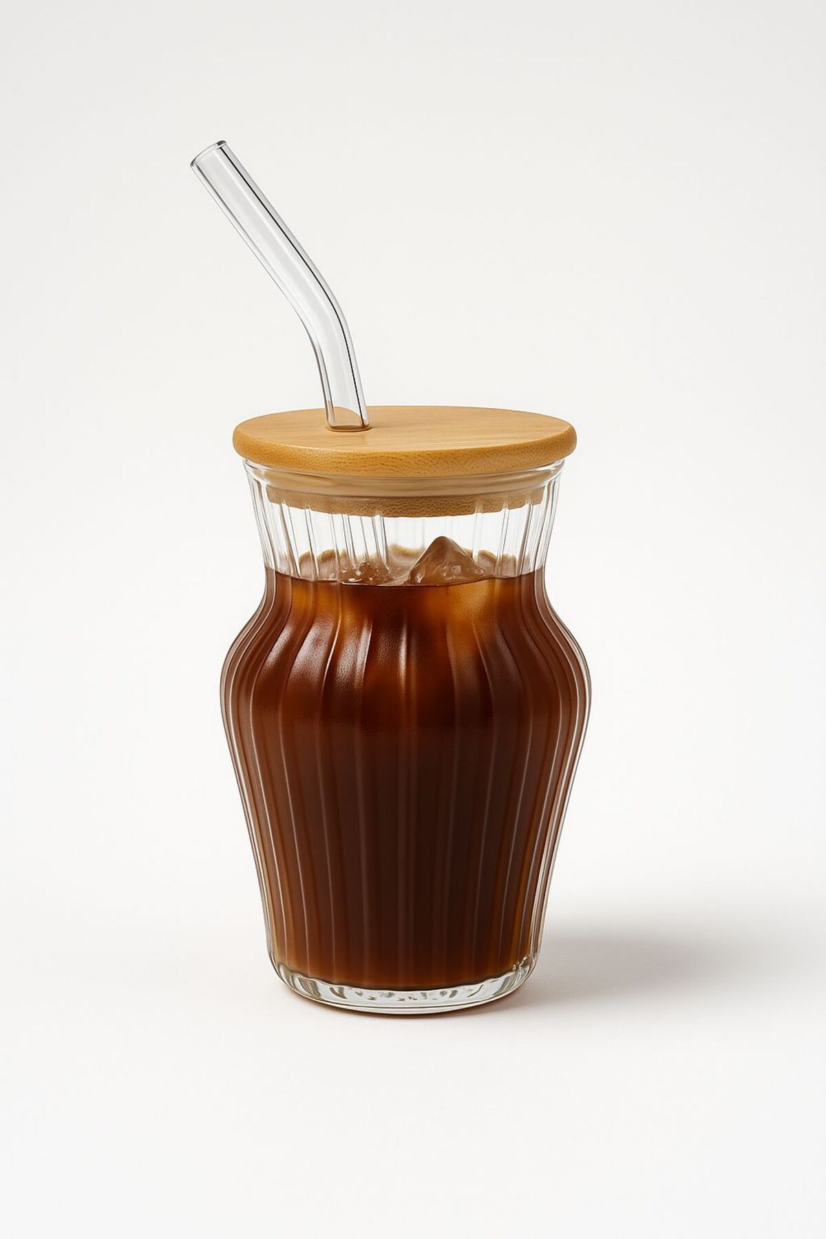 ERKUGO Çizgili Chubby Borosilikat Cam Bardak – 500 ml - Bambu Kapaklı