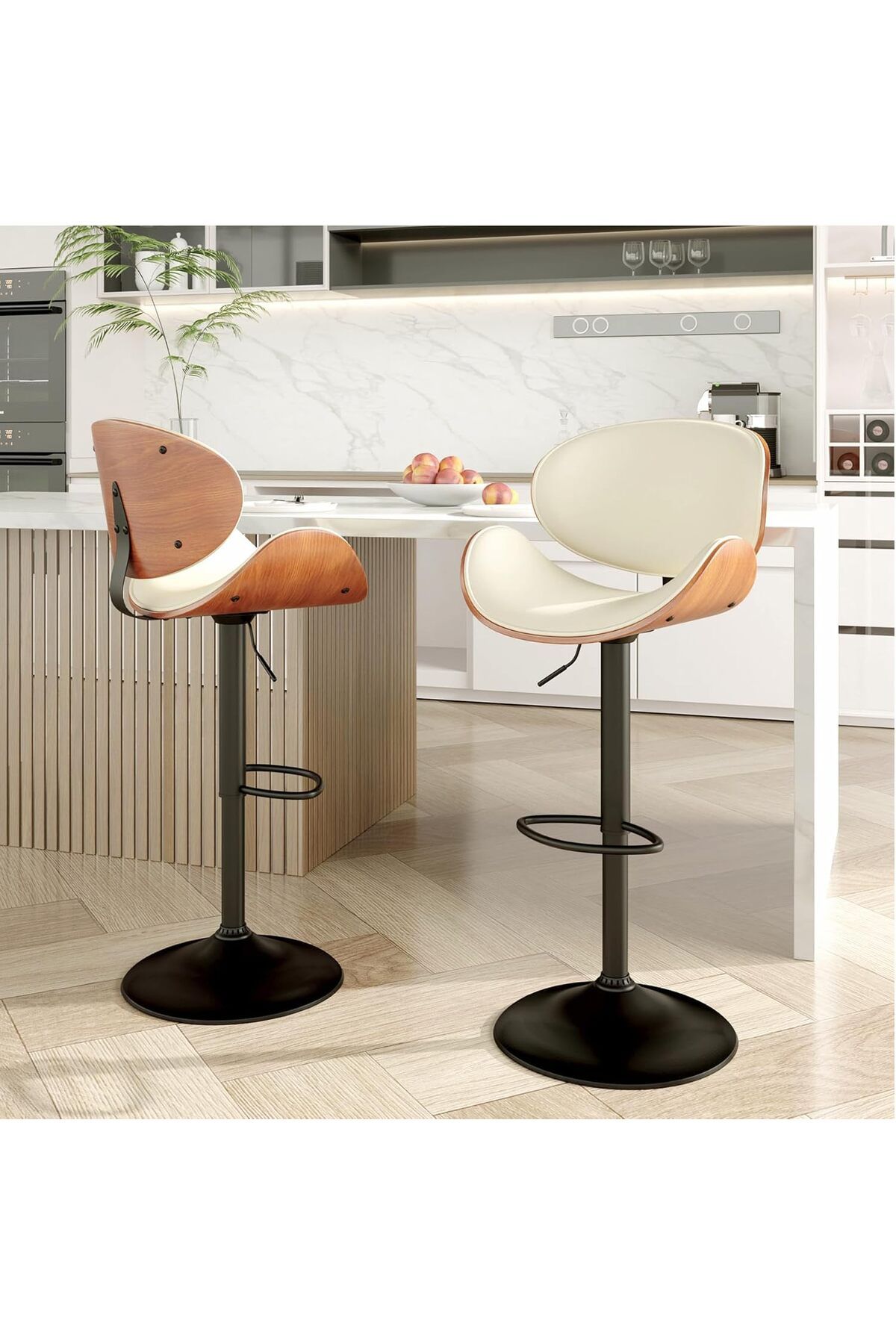 AIVERMEIL Bar Taburesi 2'li Set, Orta Yüzyıl Modern Stil, Yüksekliği Ayarlanabilir, Ayak Destekli