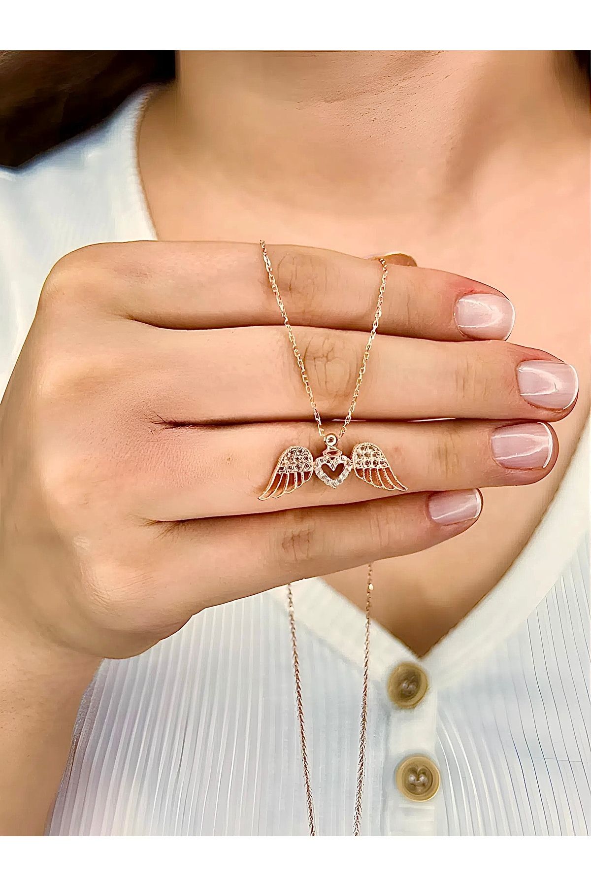 Azra Silver&Aksesuar 925 Ayar Zirkon Taşlı Kalpli Melek Kanadı Model Zincirli Gümüş Kolye