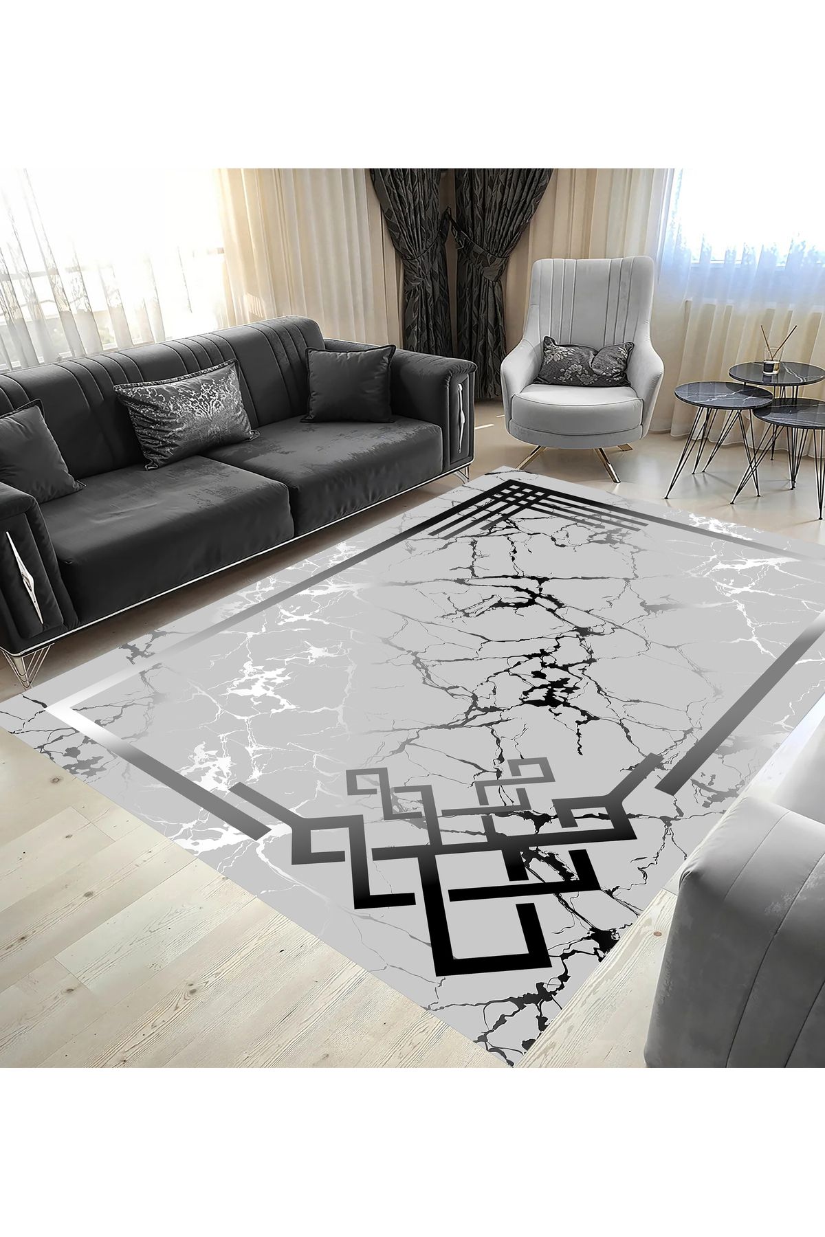 GNL HOME Gri Mermer Desen Dijital Baskı Salon,Koridor,Mutfak,Balkon,Ofis Halısı