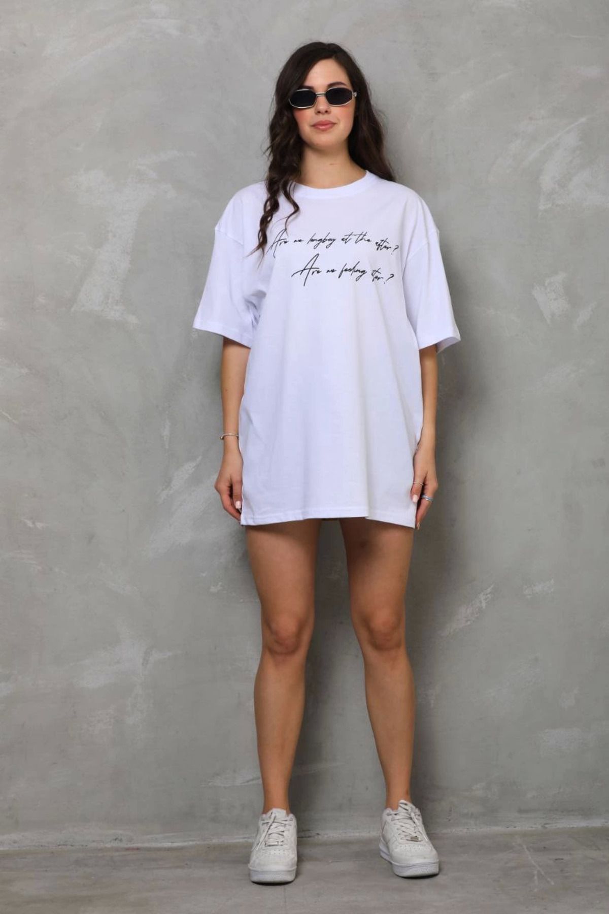 Serero Unisex Bisiklet Yaka Baskılı Oversize T-Shirt - Beyaz