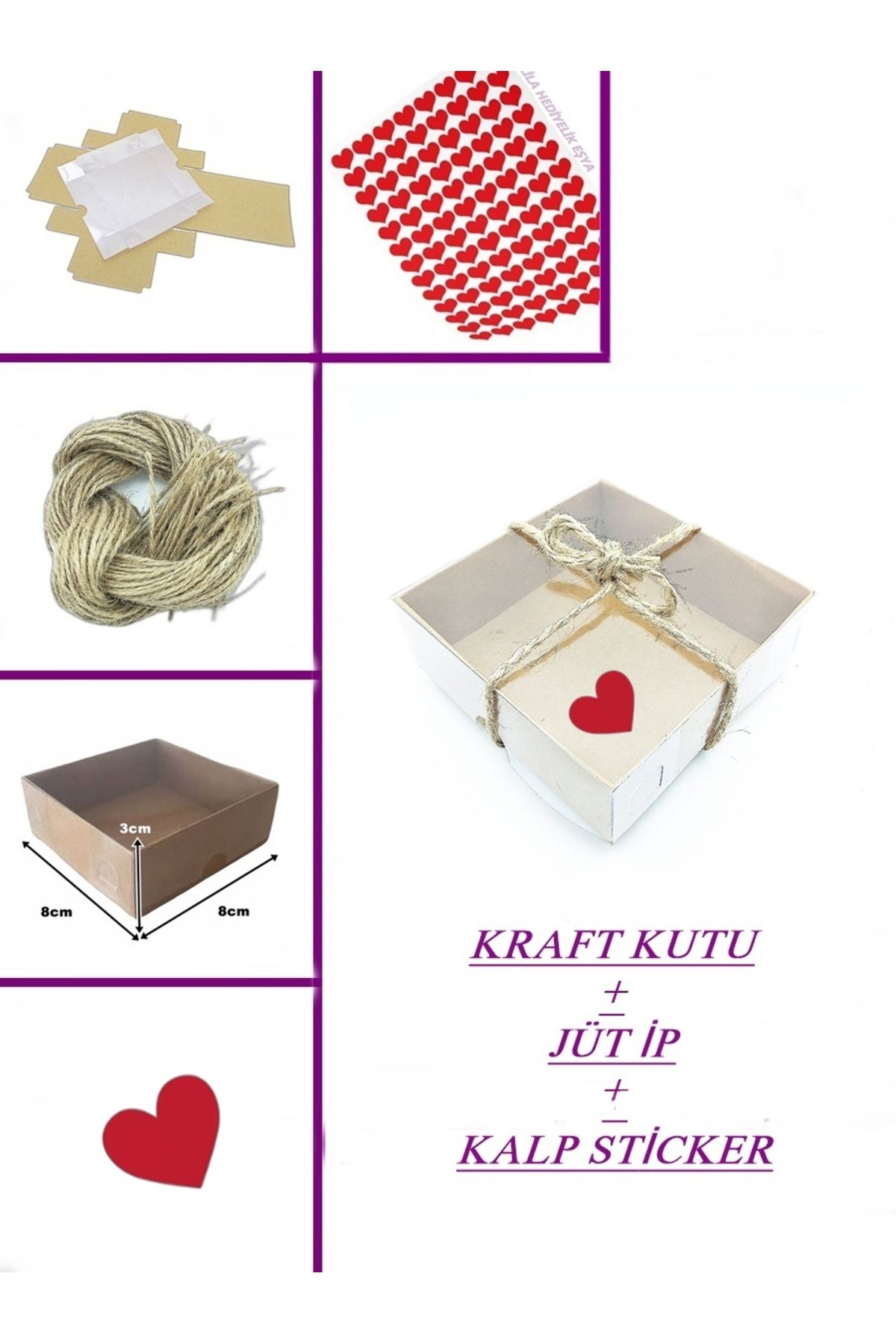 LilaHediyelikEşya 50 Adet Asetat Kapaklı Kraft Kutu (8x8x3)+50 Adet Jüt İp + 50 Adet Kalp Sticker