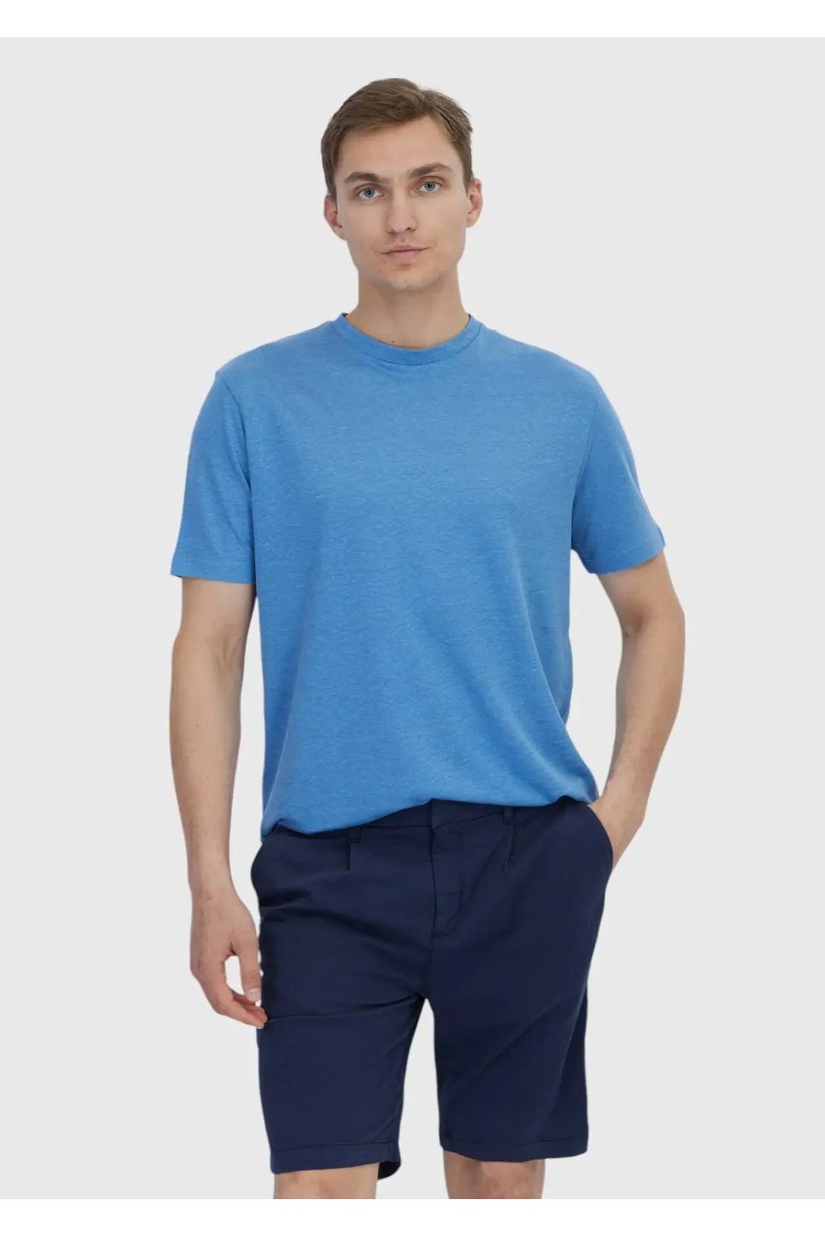 Ramsey Mavi Düz Bisiklet Yaka %100 Keten T-Shirt