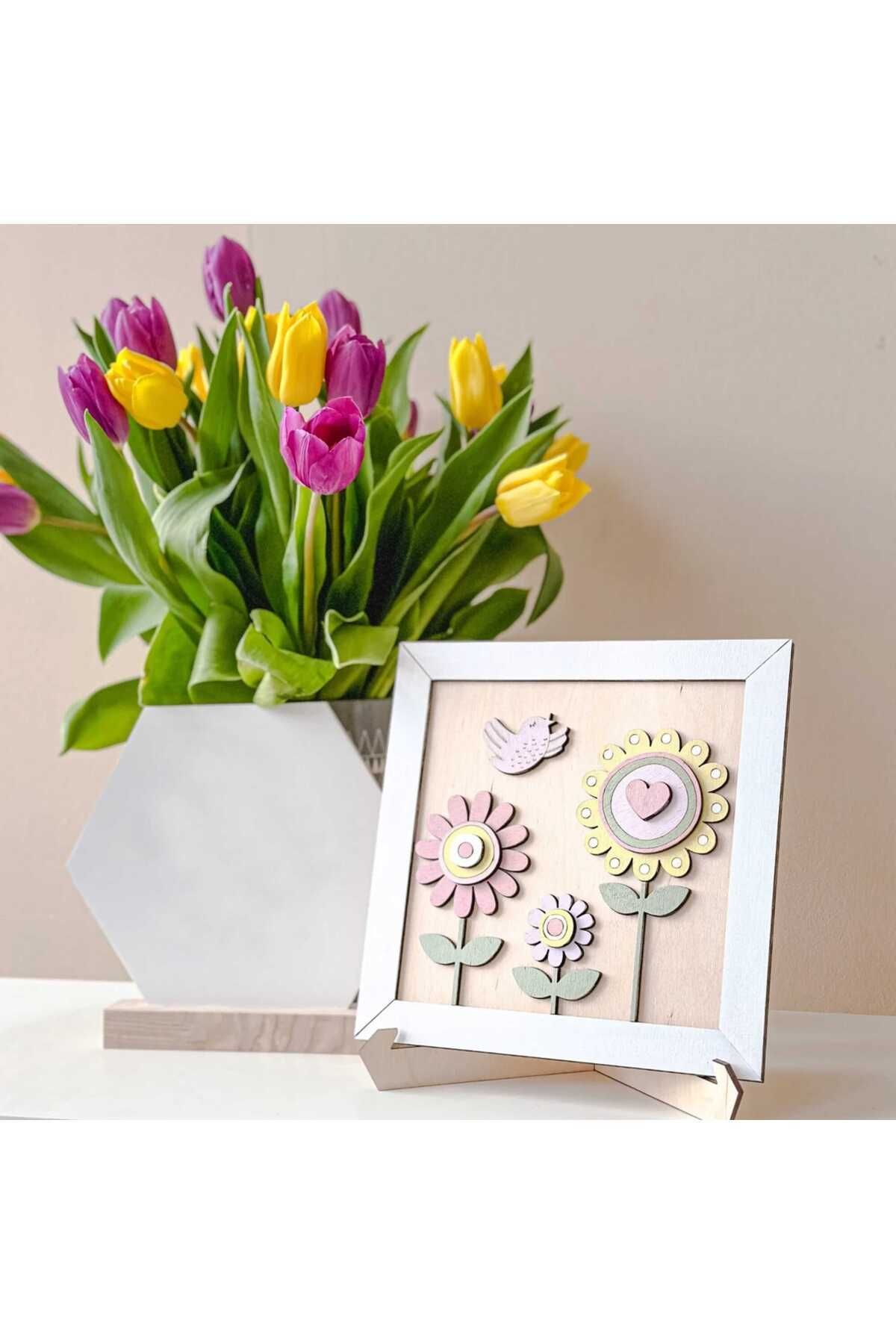 DEKORANLA Boyanabilir Ahşap Papatya ve Kuş Duvar Tablosu, 25x25 cm, eğlenceli ve yaratıcı aktivite