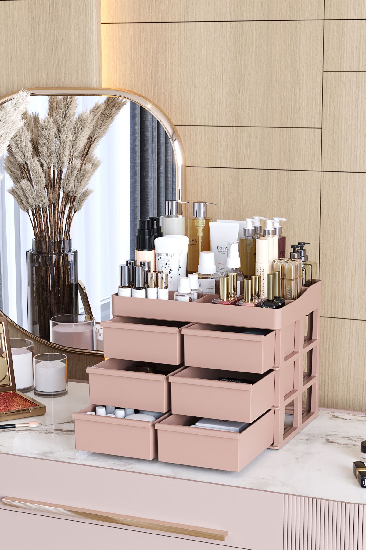 teknotrust Şık 6 Çekmeceli Rose Gold Makyaj ve Kozmetik Organizer Kutusu