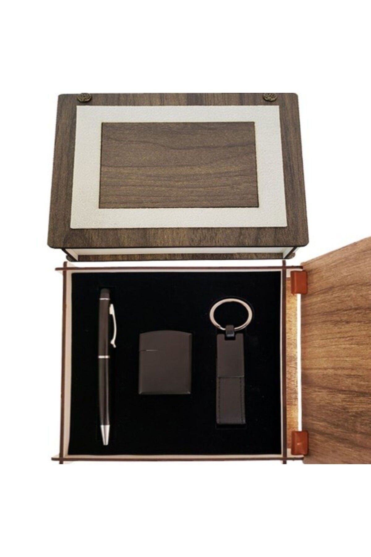 Modafiks Özel Ahşap Kutulu Mat Siyah Kalem Anahtarlık ve Çakmak Set