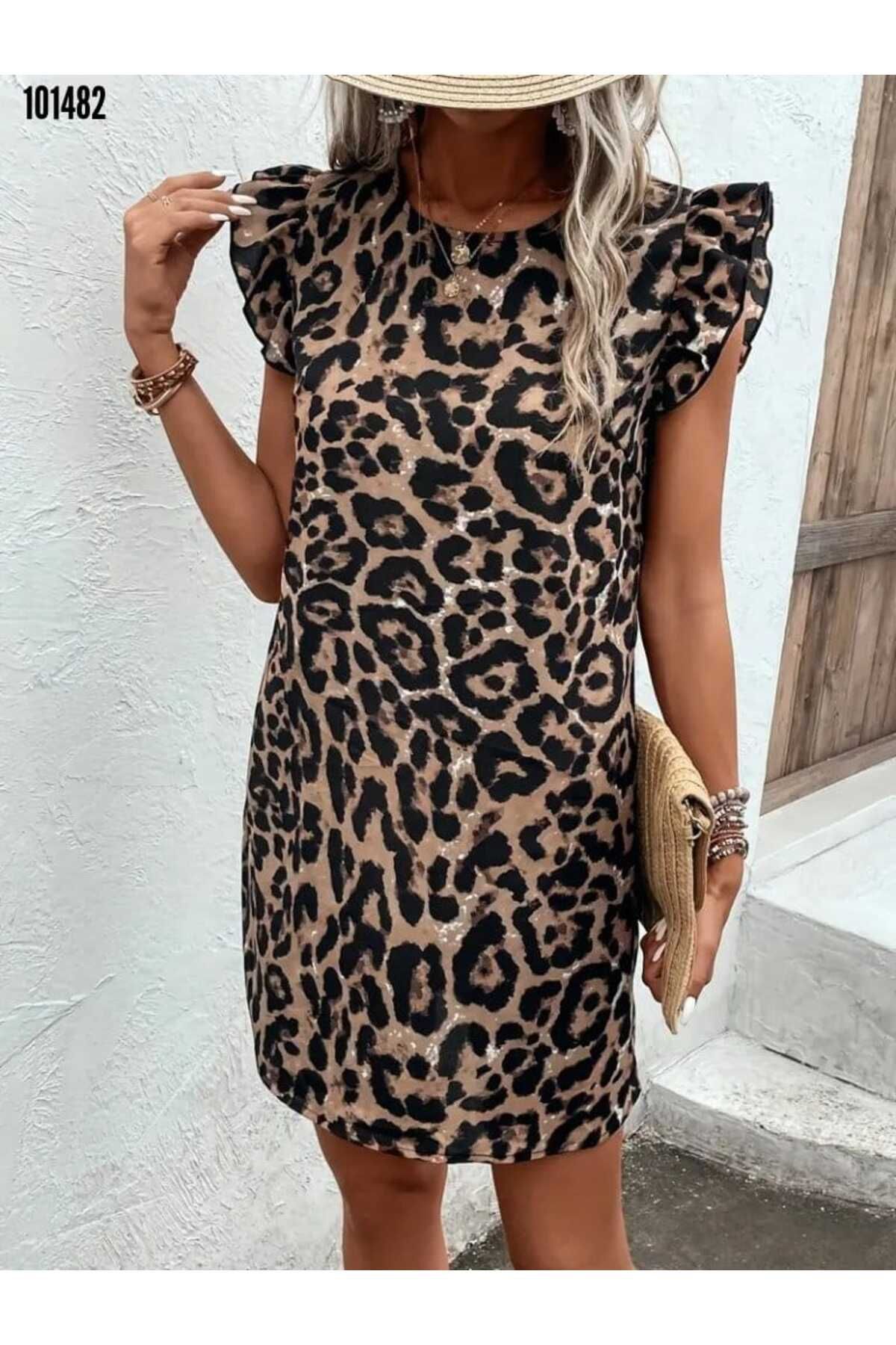 Cbm Kadın kısa kollu kolları fırfır detay arkası bağlamalı leopar desen kolsuz mini mikro elbise