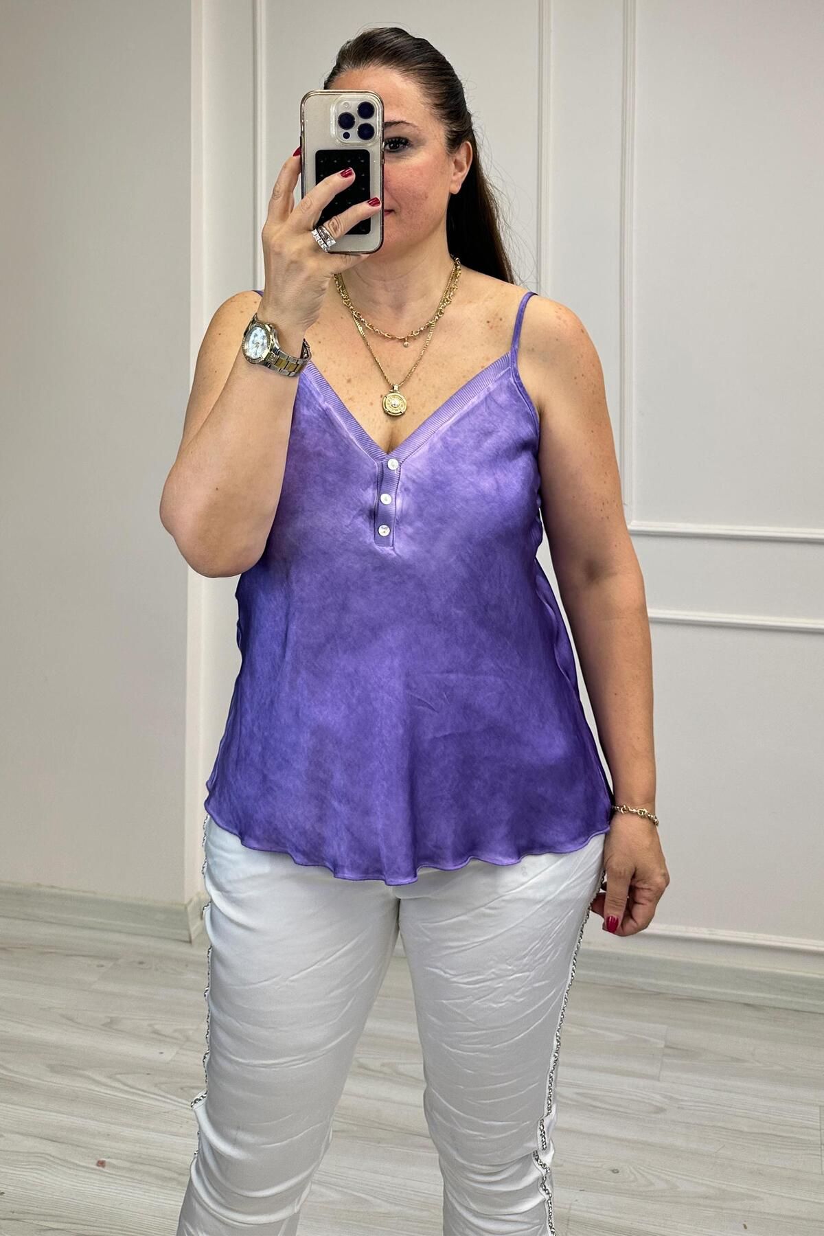 Mine Sabuncuoğlu Marry Düğmeli Saten Bluz Mor
