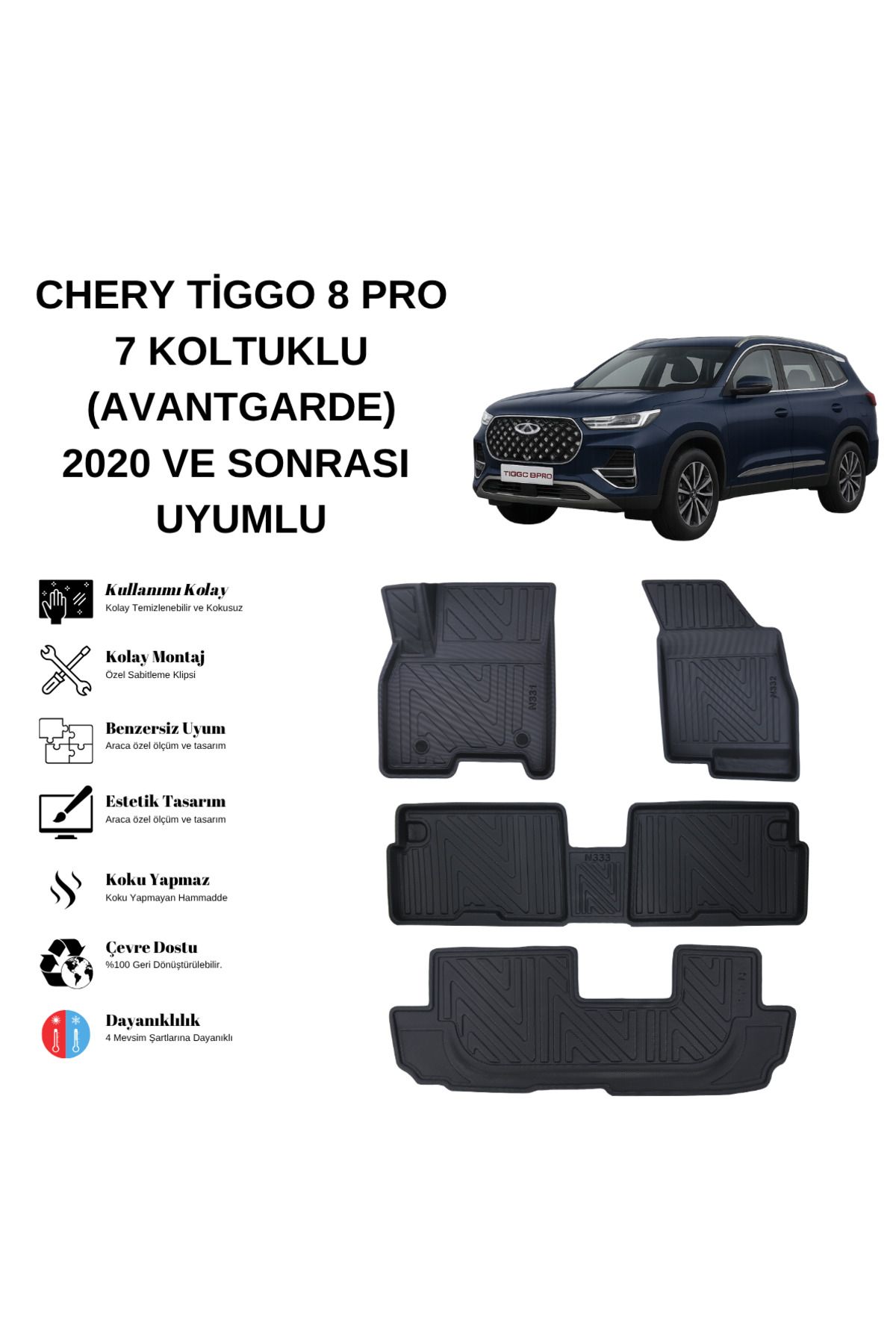 AutoWeller Chery Tiggo 8 Pro 2020 Sonrası 7 Koltuklu 3D Havuzlu Oto Paspas | Avantgarde