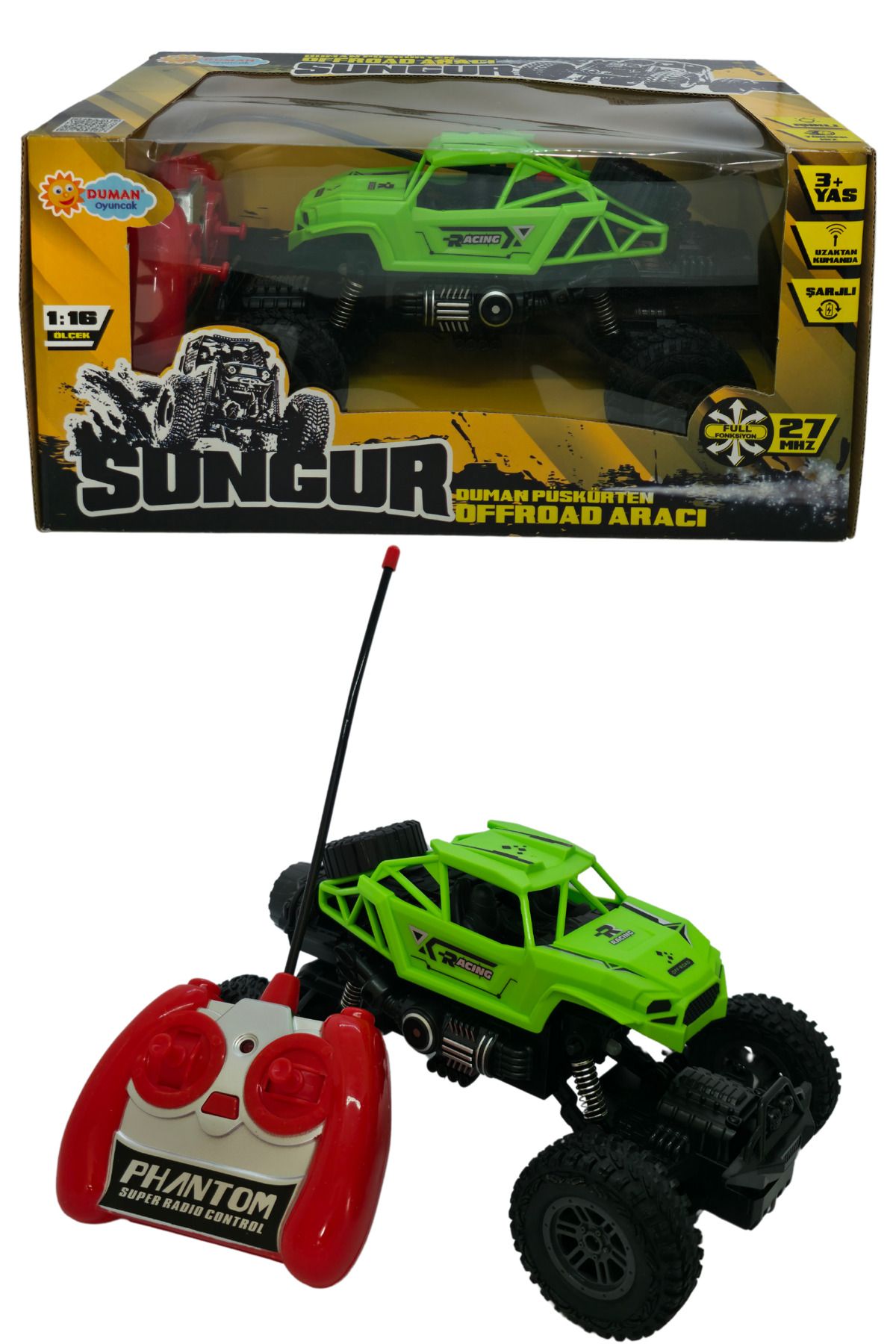 RAF Store Full Fonk. Şarjlı Işıklı Yüksek Hız Duman Atan Uzaktan Kumandalı Araba Sungur 1:16 Ölçek 27Mhz 25 Cm