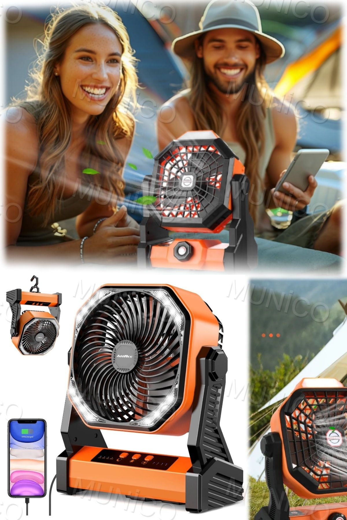 Munico 4 Seviye 270 Derece Pivot Büyük Hava Hacmi USB Şarj Edilebilir Açık Çadır Fanı Kanca Ile Kamp Için