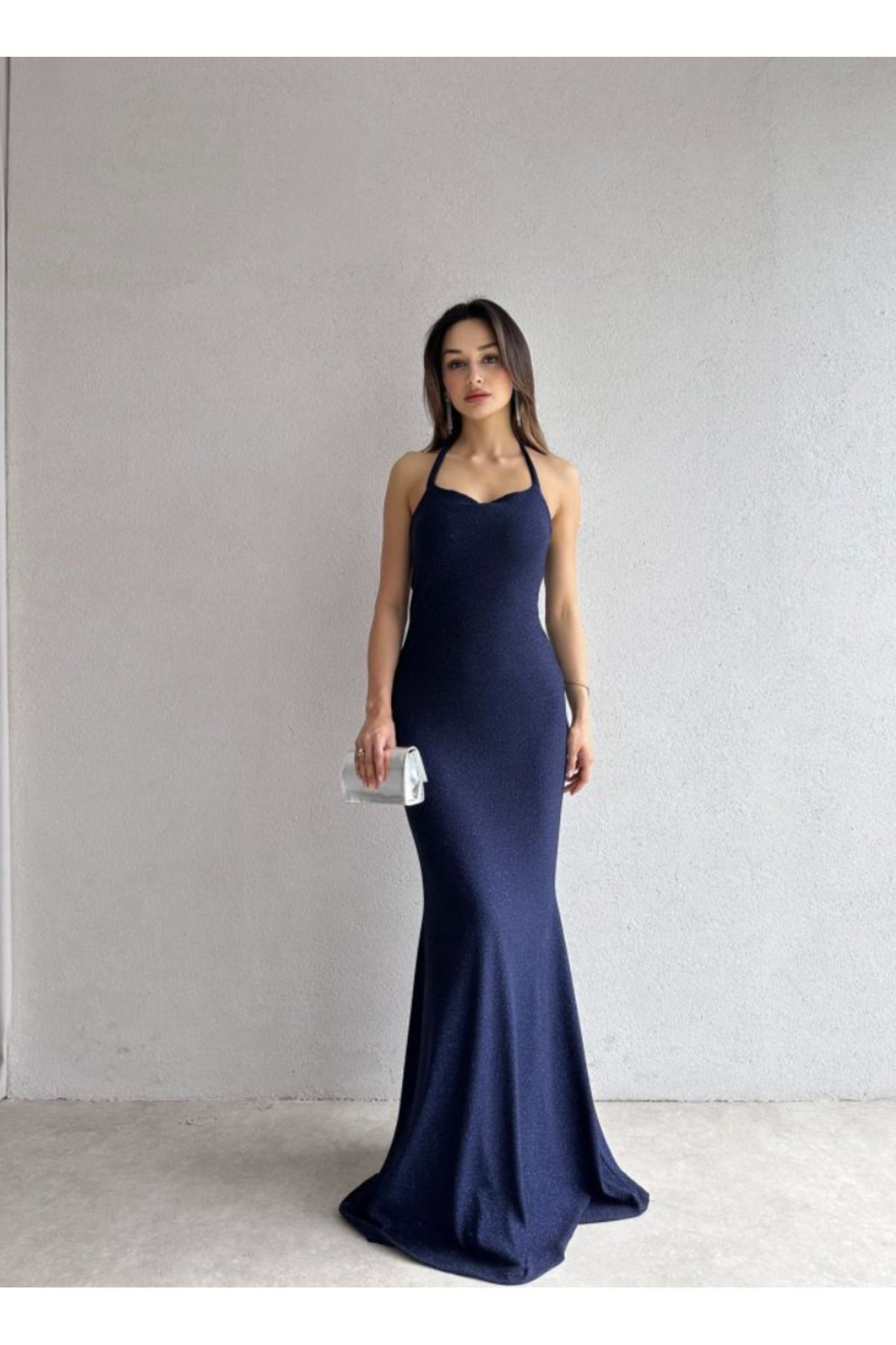 MODA Simli Halter Yaka Balık Form Uzun Abiye Elbise - Siyah / Bordo / Lacivert