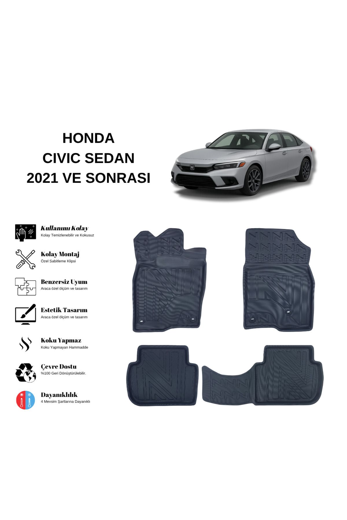 AutoWeller Honda Civic Sedan 2021 ve Sonrası 3D Havuzlu Oto Paspas
