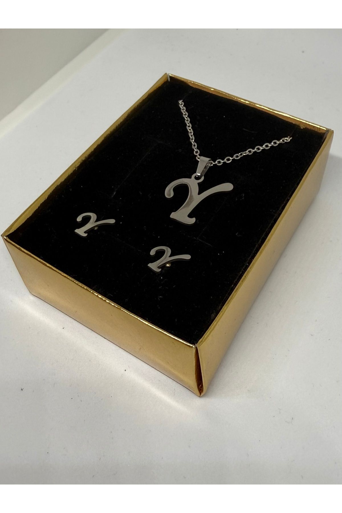 Gulsah's Store 316L Çelik silver Y harfli kolye ve küpe seti