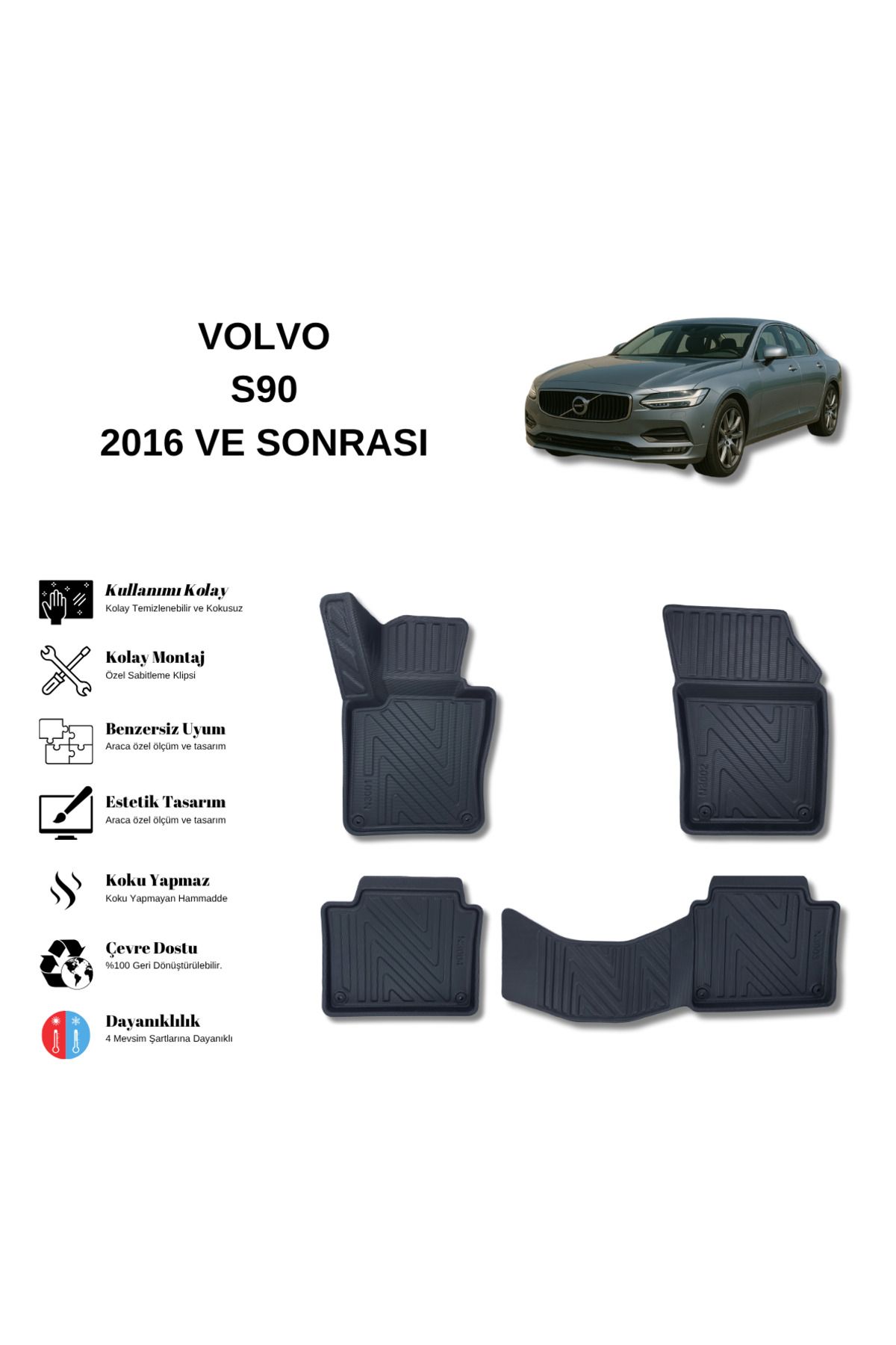 AutoWeller Volvo S90 2016 ve Sonrası 3D Havuzlu Oto Paspas | Benzin & Dizel