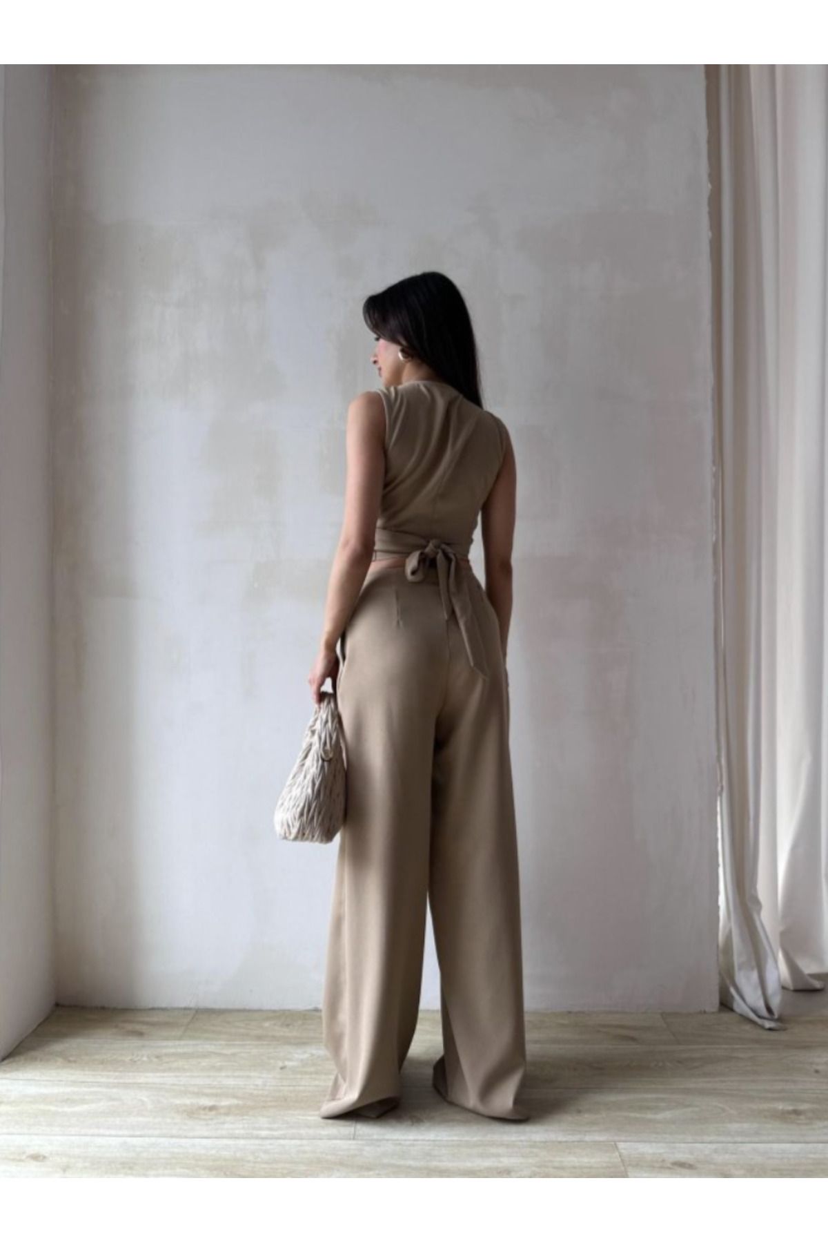 Klex Kadın Kuşaklı Tokalı Crop Bluz ve Palazzo Pantolon Takım - Bordo | Mint | Siyah | Vizon