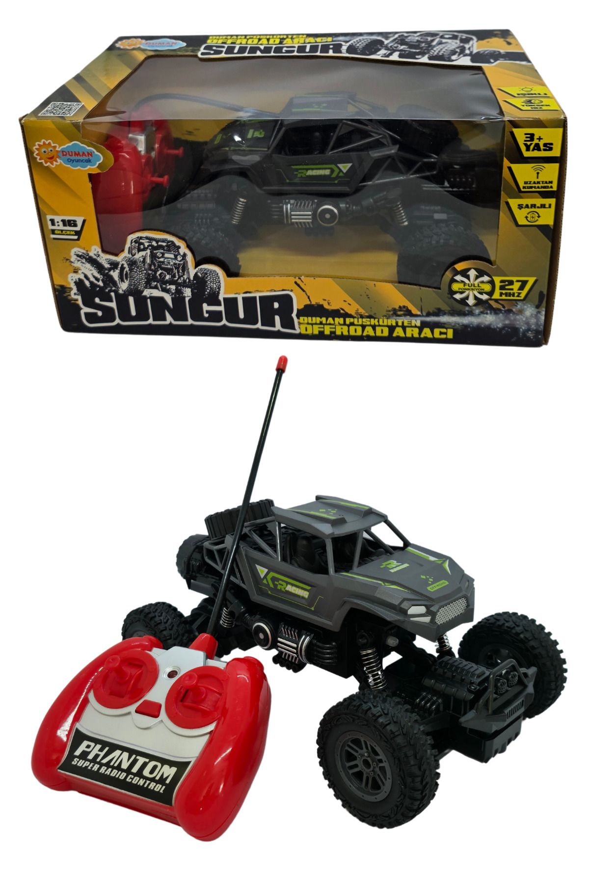 RAF Store Full Fonk. Şarjlı Işıklı Yüksek Hız Duman Atan Uzaktan Kumandalı Araba Sungur 1:16 Ölçek 27Mhz 25 Cm