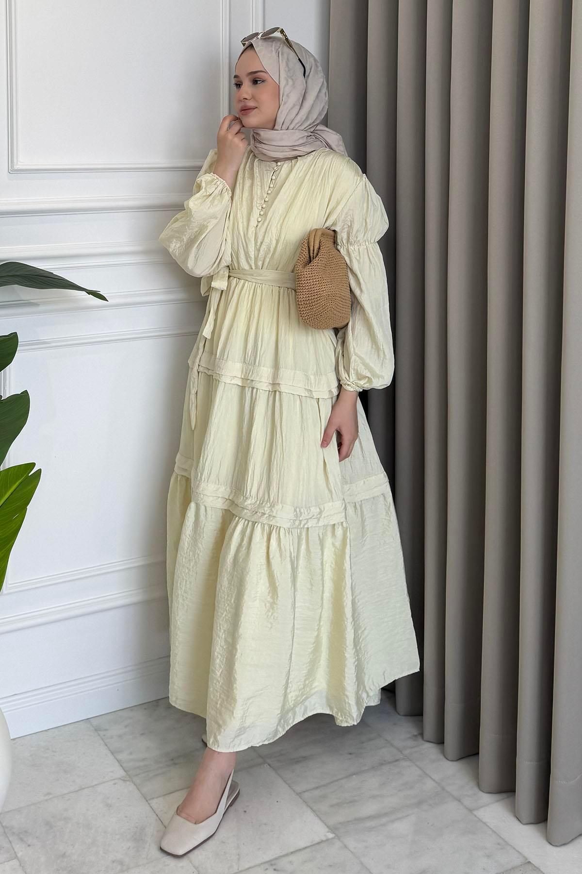 Beige Store Kuşaklı Kiloş Elbise Sarı
