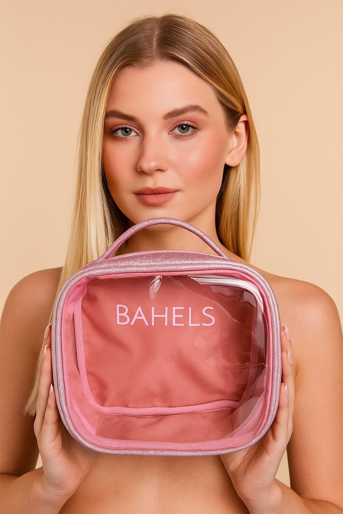 BAHELS Baby Pink Shine Collection Simli Makyaj Seyahat Çantası