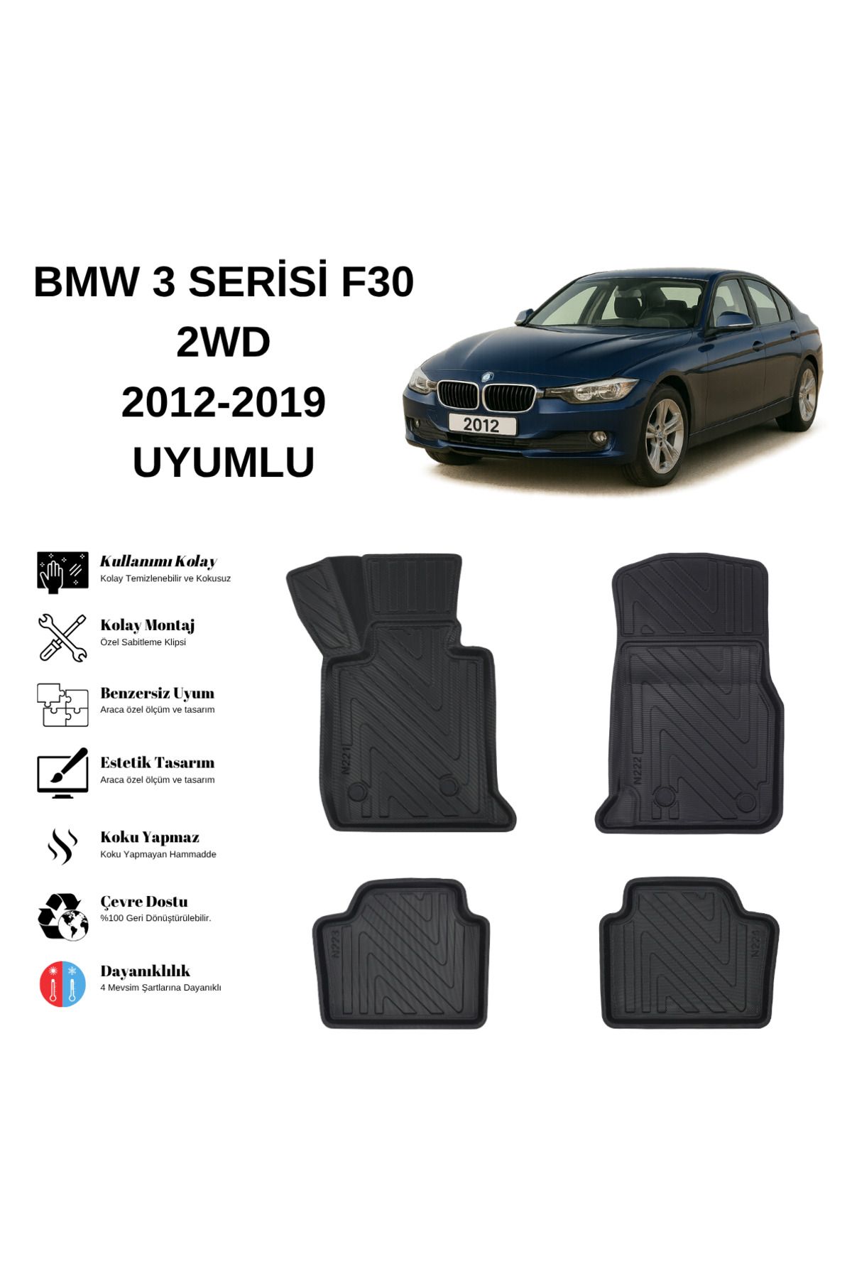 AutoWeller Bmw 3 Serisi F30 2012-2019 3D Havuzlu Oto Paspas | 2WD