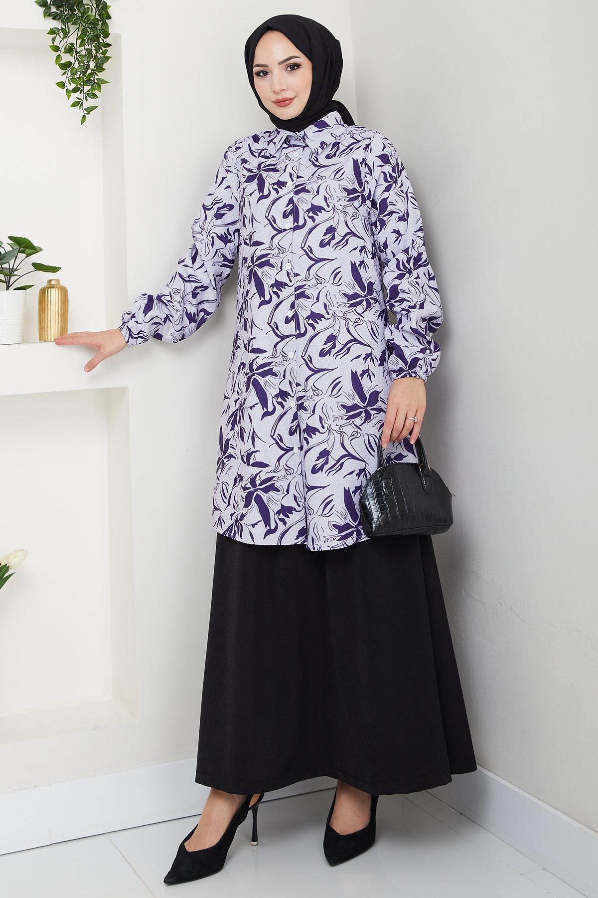hafsamina Çiçek Desenli Etekli Takım Mor HM2739