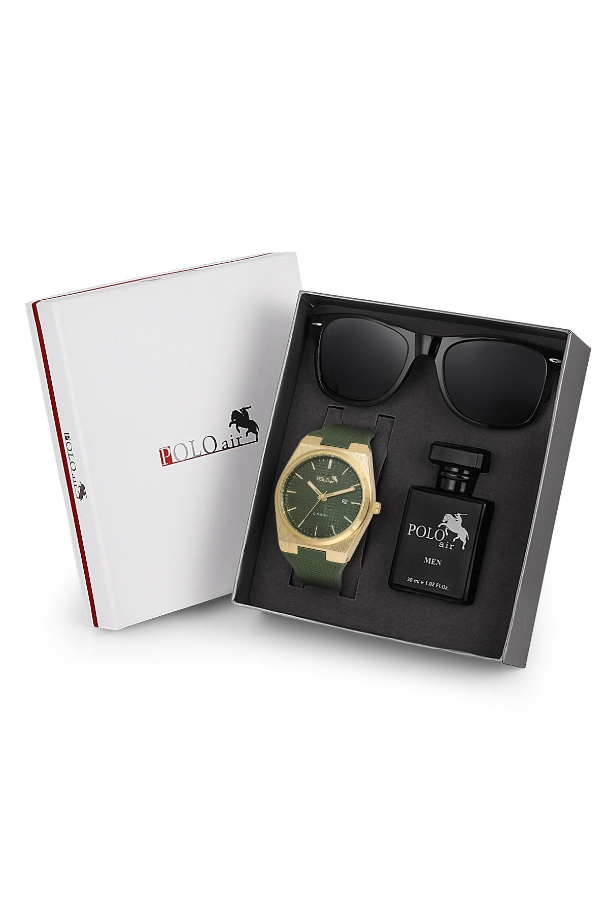 Polo Air Premium Set Kombin Takvimli Erkek Kol Saati Parfüm Gözlük Set Yeşil Gold Renk PL-7003E4