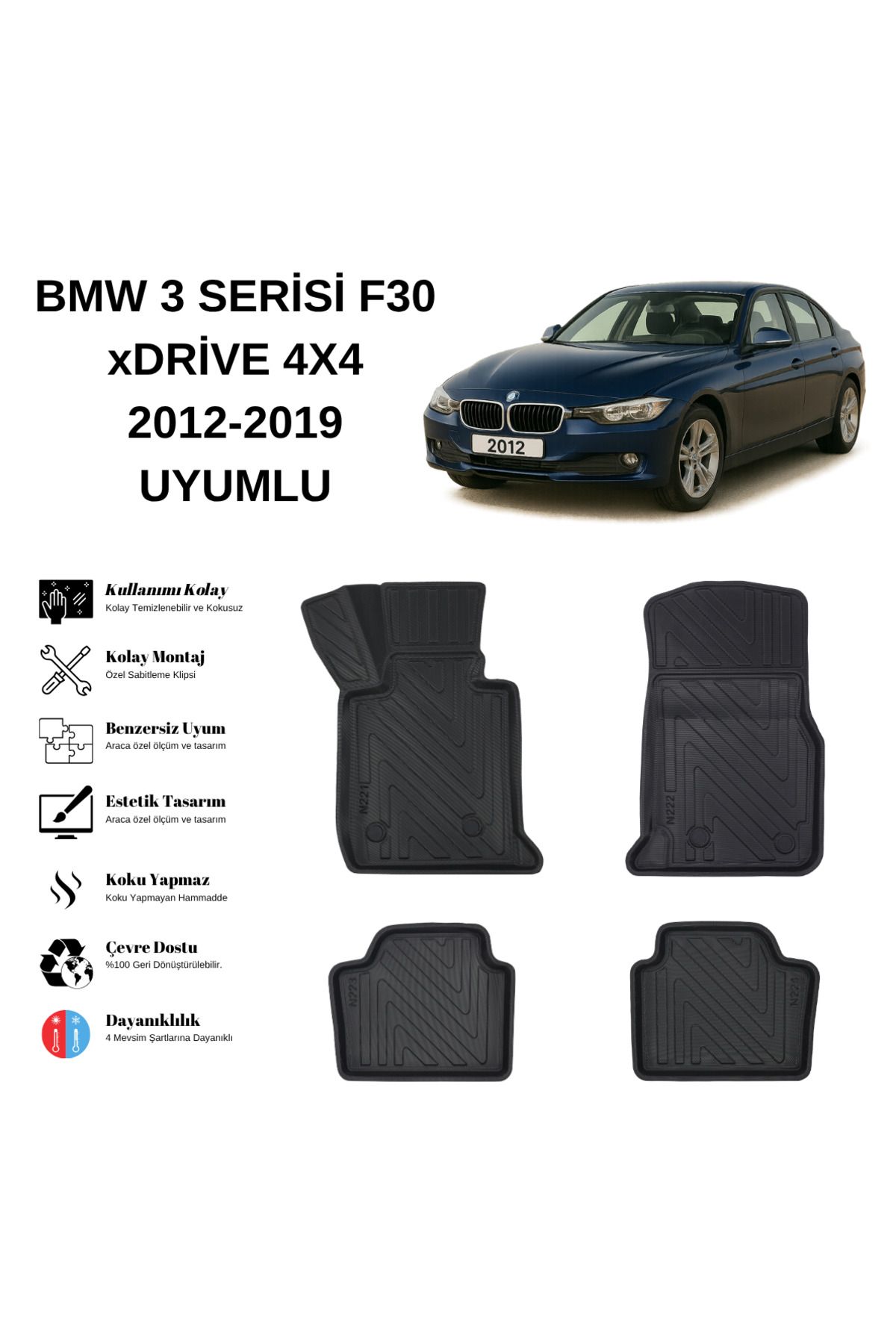 AutoWeller Bmw 3 Serisi F30 2012-2019 3D Havuzlu Oto Paspas | xDRIVE (4x4)
