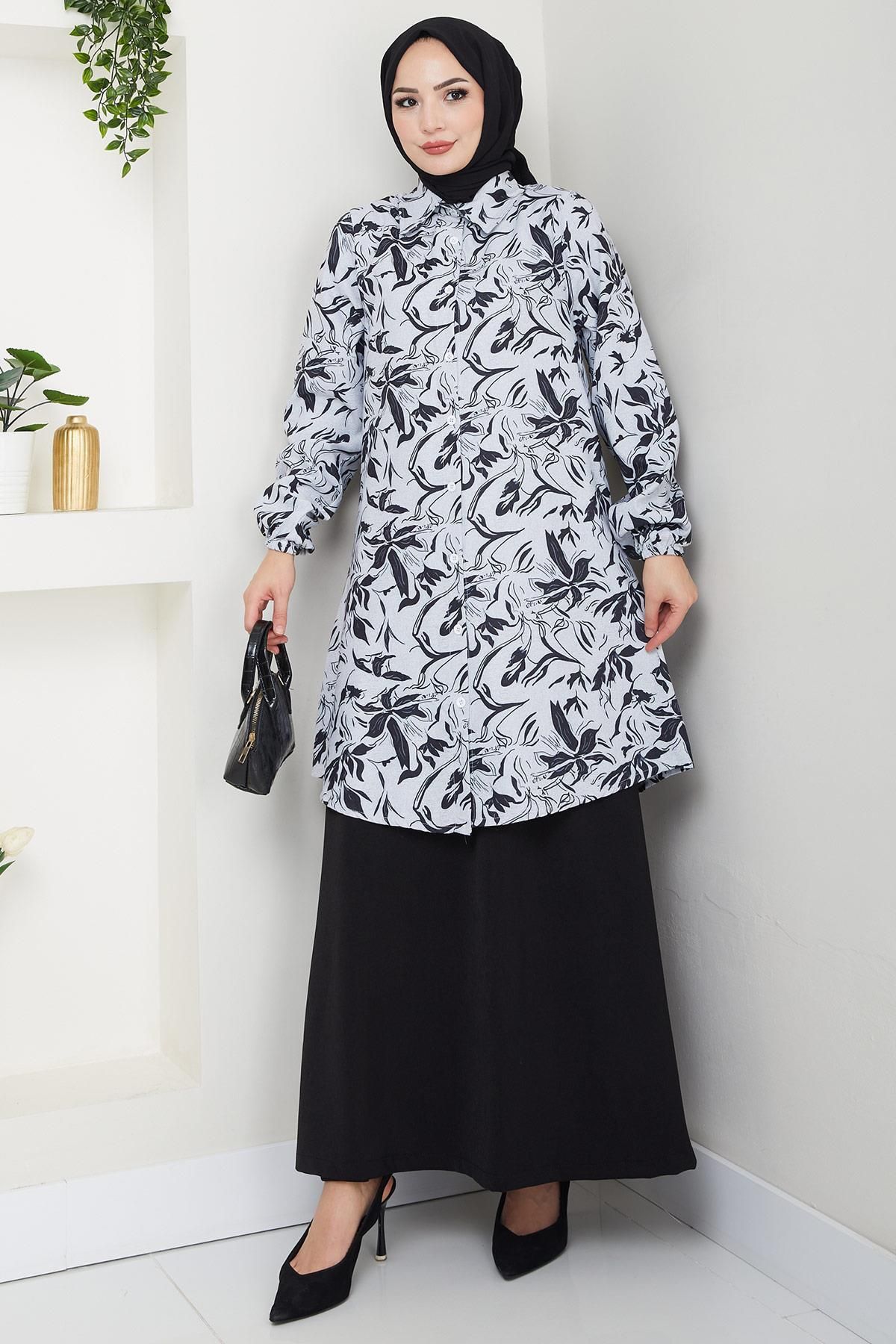 hafsamina Çiçek Desenli Etekli Takım Siyah HM2739