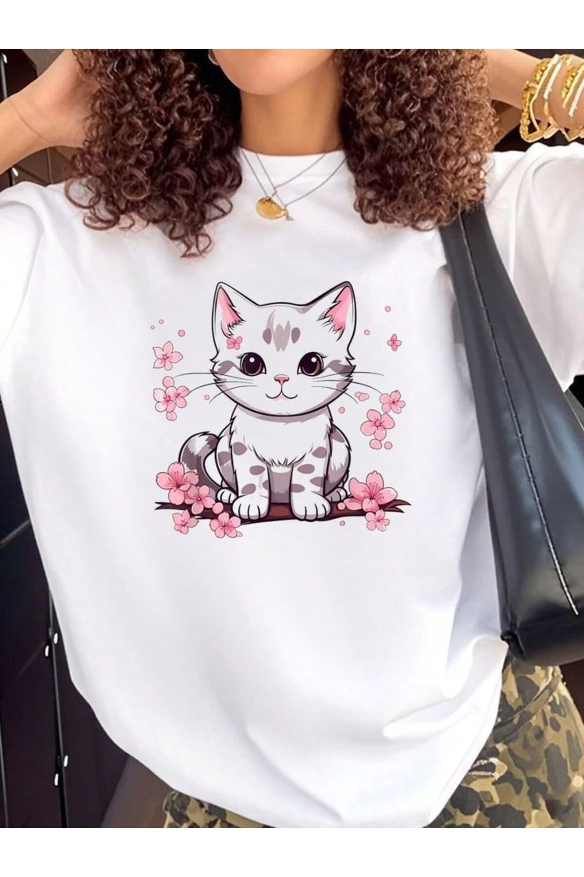 LUNAVISTA Cat Baskılı Bisiklet Yaka Kısa Kol T-shirt