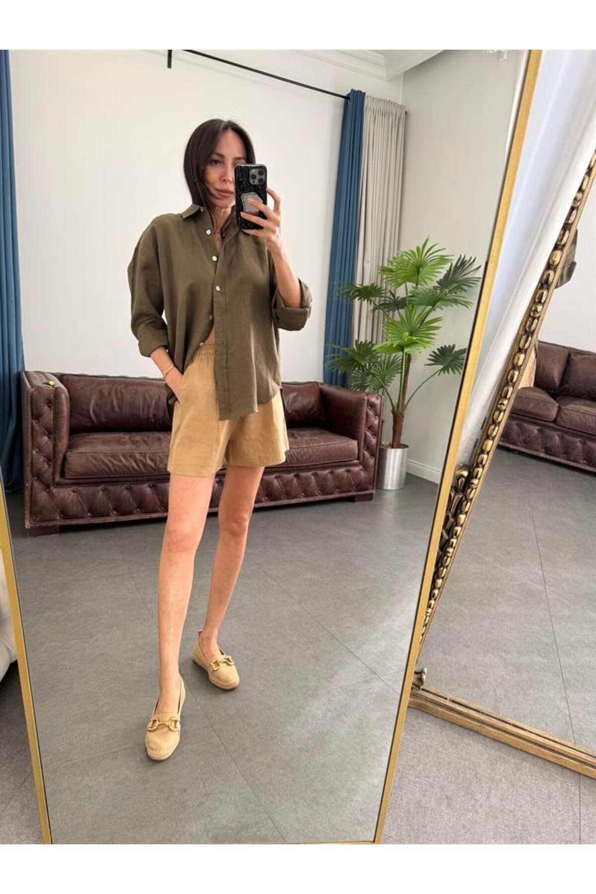 BOLESA GİYİM Taba Soluk Efekt Beli Lastikli Keten Şort