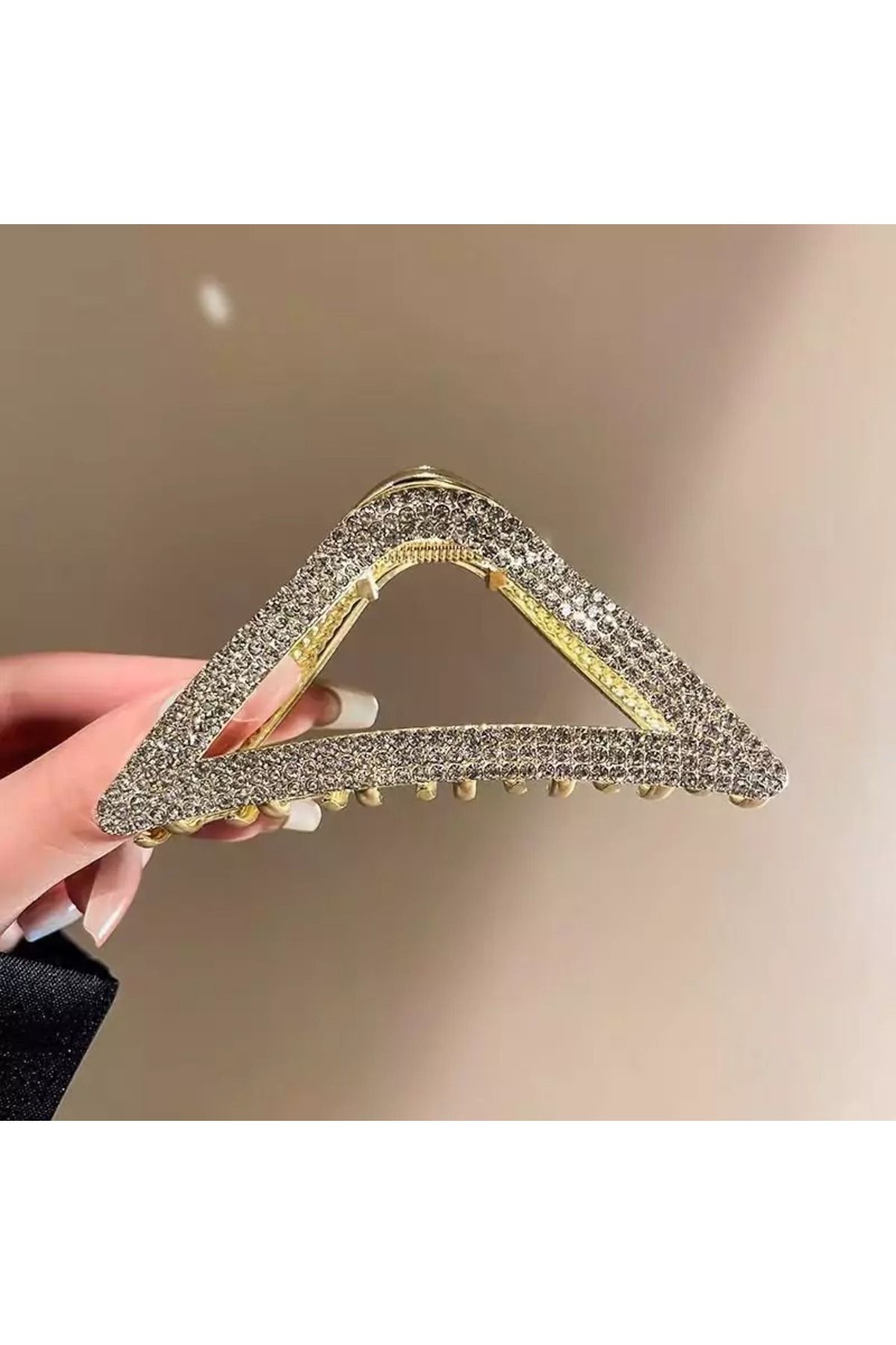 Sorendy Altın Renk Büyük Mandal Metal Saç Tokası Taşlı Üçgen Desenli Şık Klips Özel Günler için SAT-101