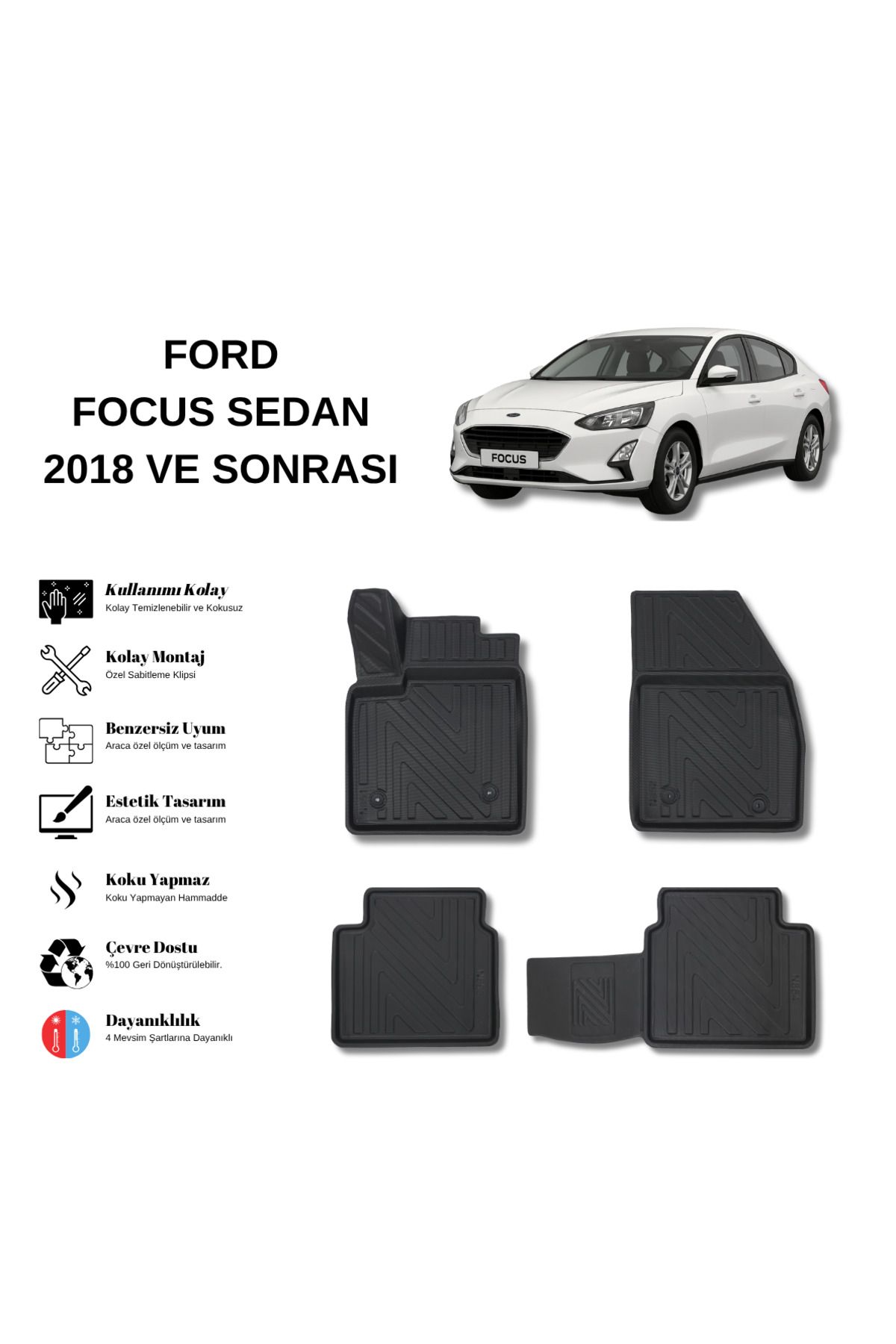 AutoWeller Ford Focus 4 2018 ve Sonrası Sedan 3D Havuzlu Oto Paspas