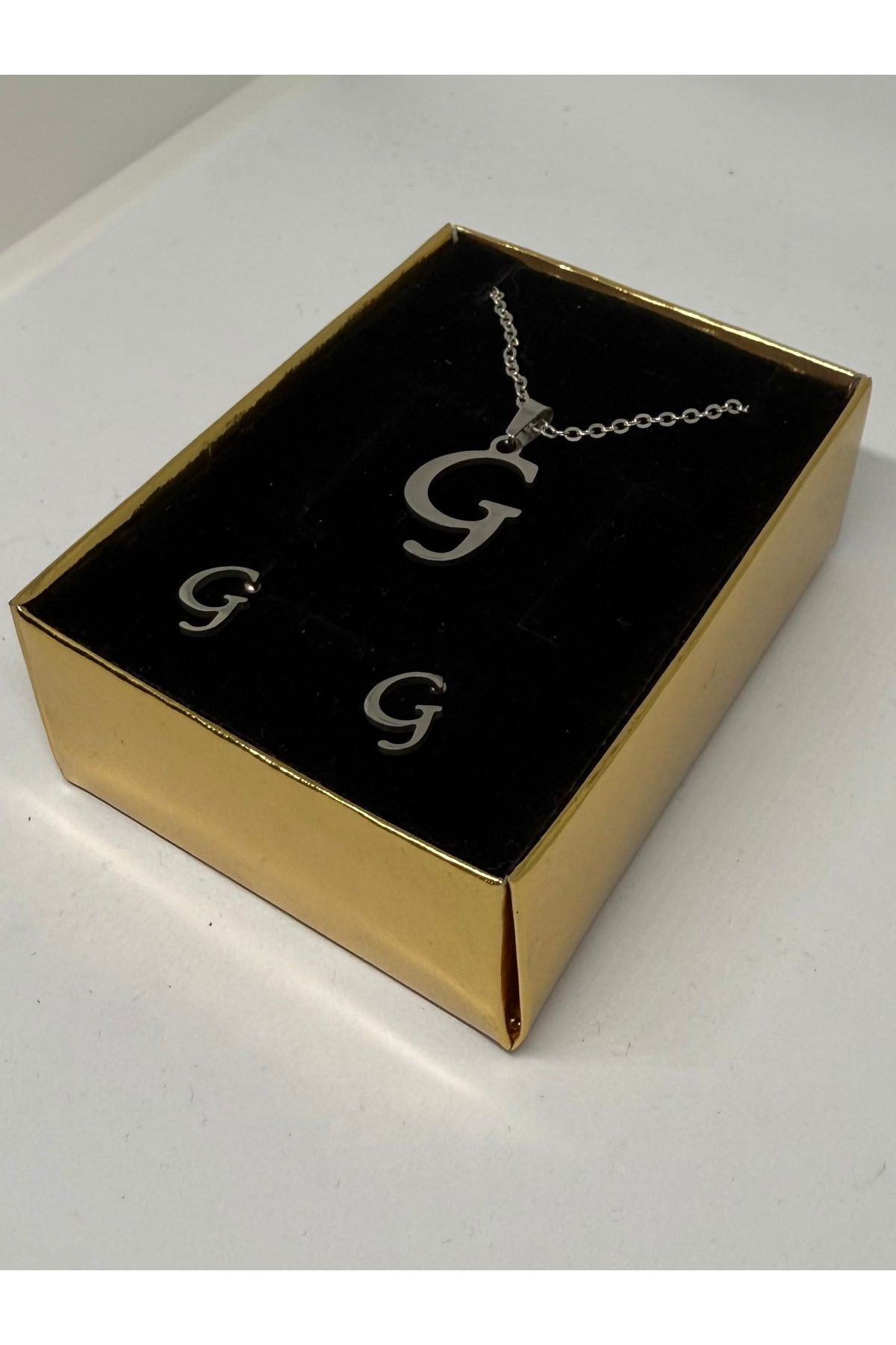 Gulsah's Store 316L Çelik silver G harfli kolye ve küpe seti