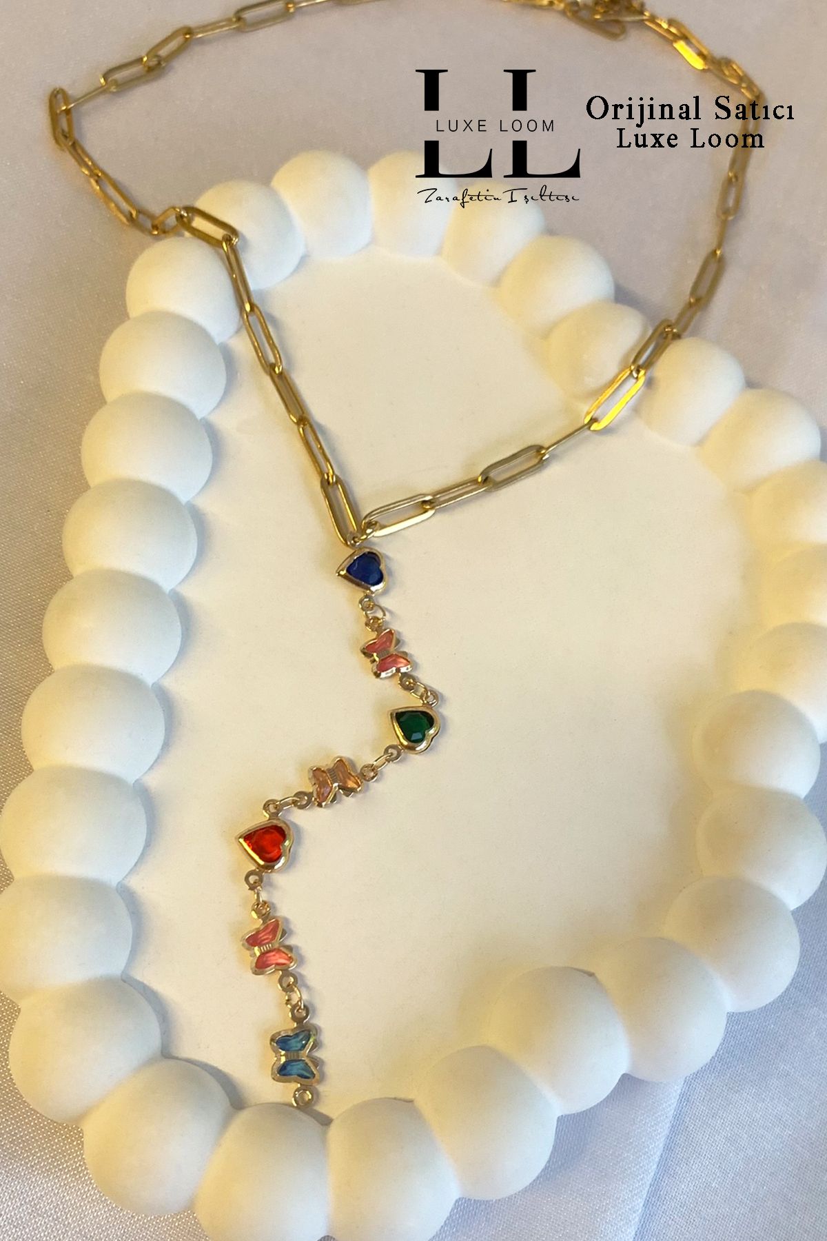 Luxe Loom Zarafetin Işıltısı Kadın Renkli Zirkon Kalp Kelebek Ataç Y Kolye