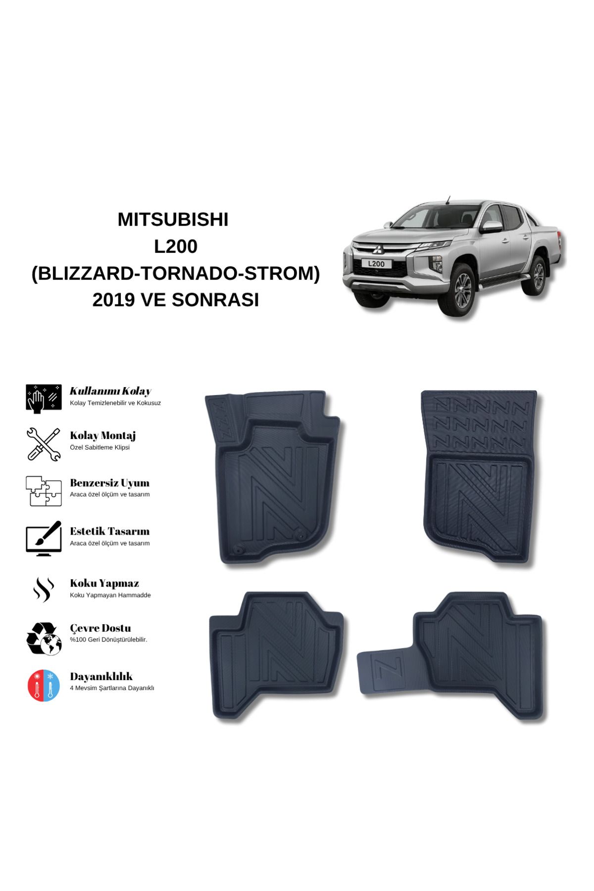 AutoWeller Mitsubishi L200 2019 ve Sonrası Blizzard-Tornado-Storm 3D Havuzlu Oto Paspas