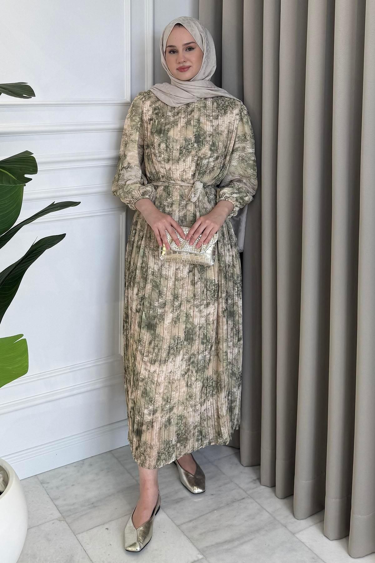 Beige Store Piliseli Desenli Elbise Küf Yeşili