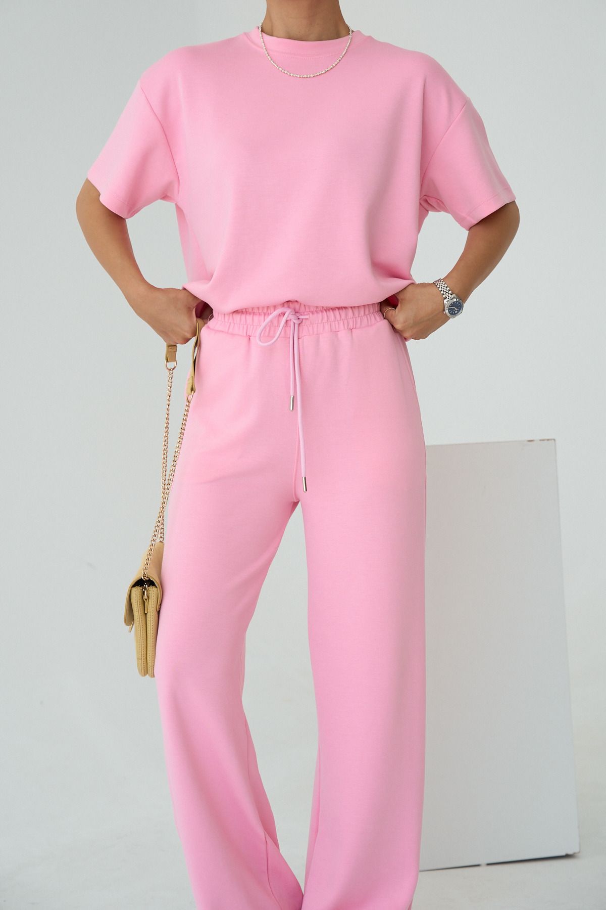 LOOSH Kadın Pembe Bisiklet Yaka T-shirt - Geniş Kesim Pantolon Modal Eşofman Takımı