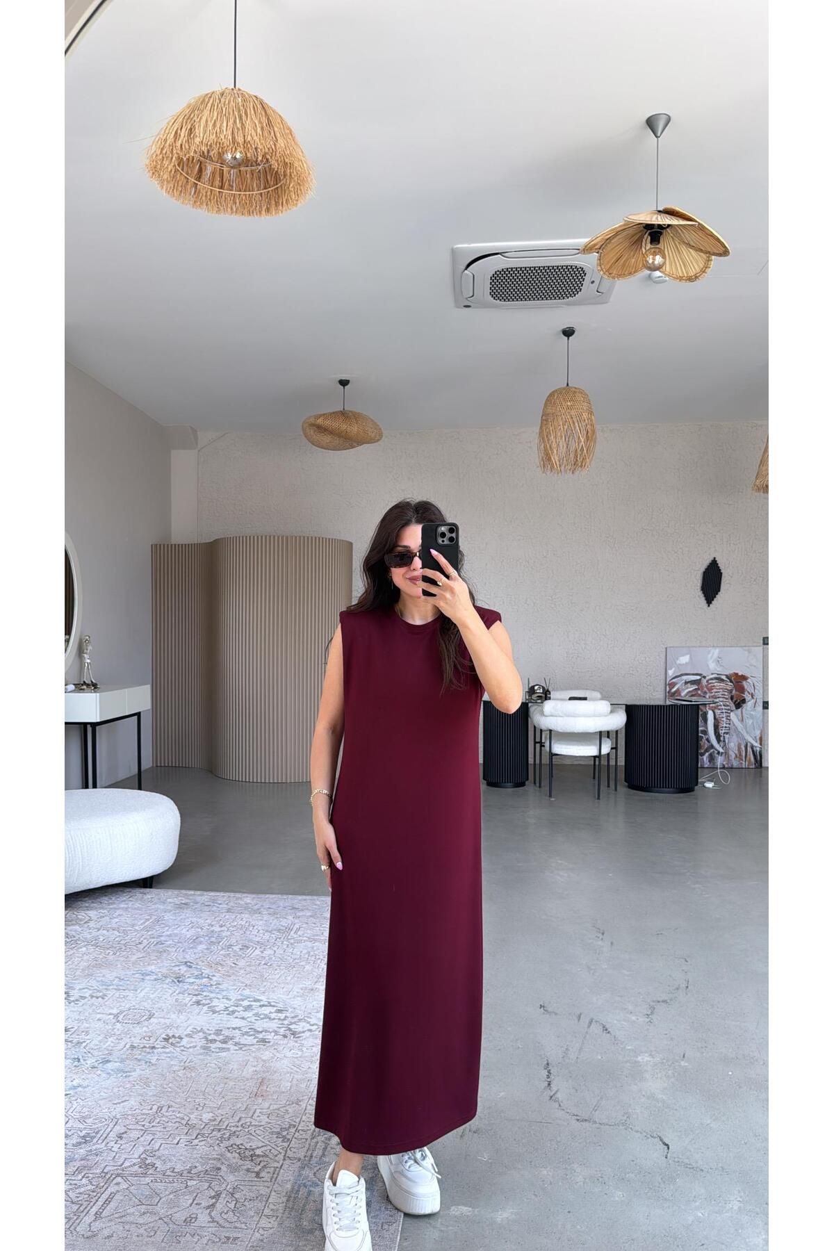 Buket Teke Bordo Vatkalı Modal Elbise