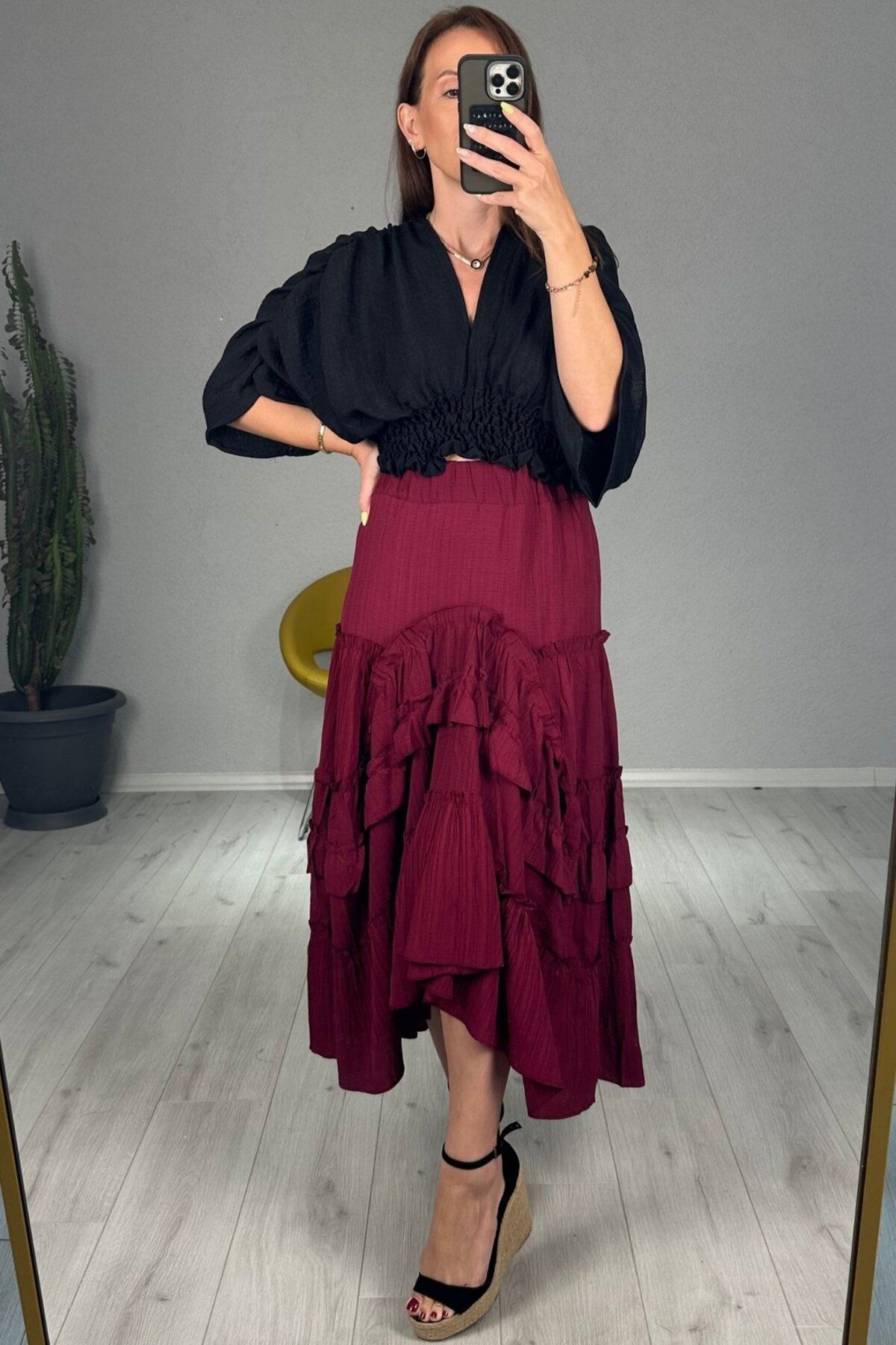 lady special Gofre Fırfırlı Uzun Etek