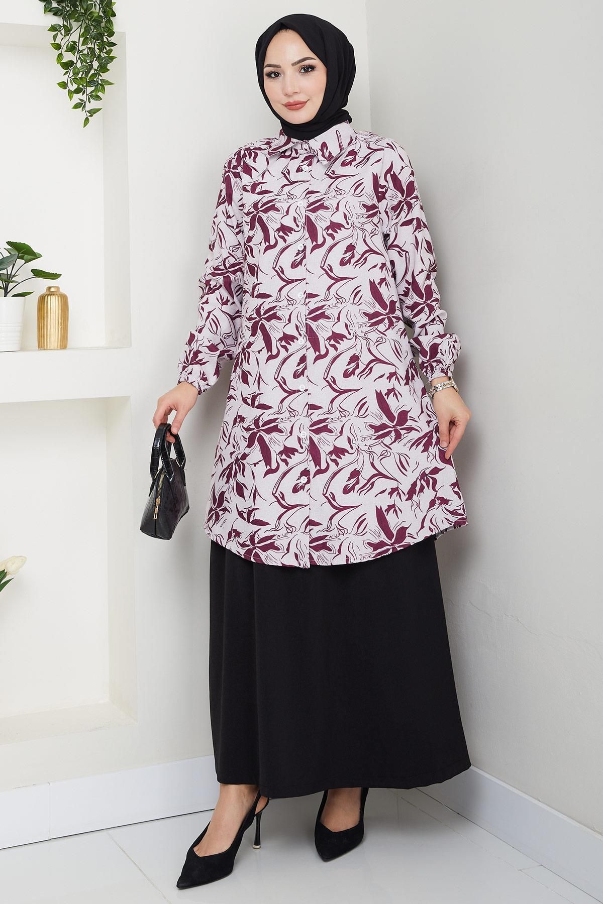 hafsamina Çiçek Desenli Etekli Takım Mürdüm HM2739
