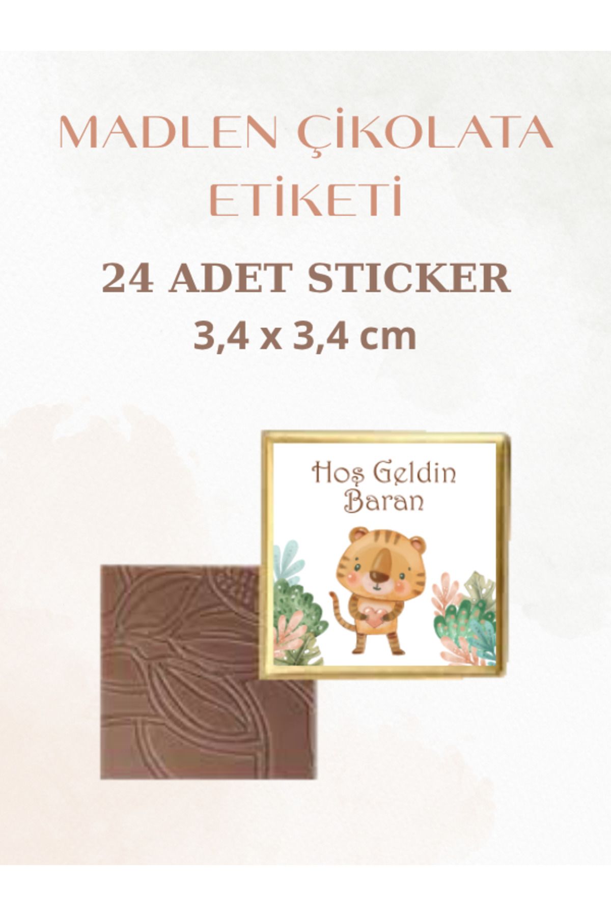ST Design Kişiye Özel İsimli Kare 24 Adet Madlen Çikolata Etiketi, Kendinden Yapışkanlı 3,4x3,4cm Sticker