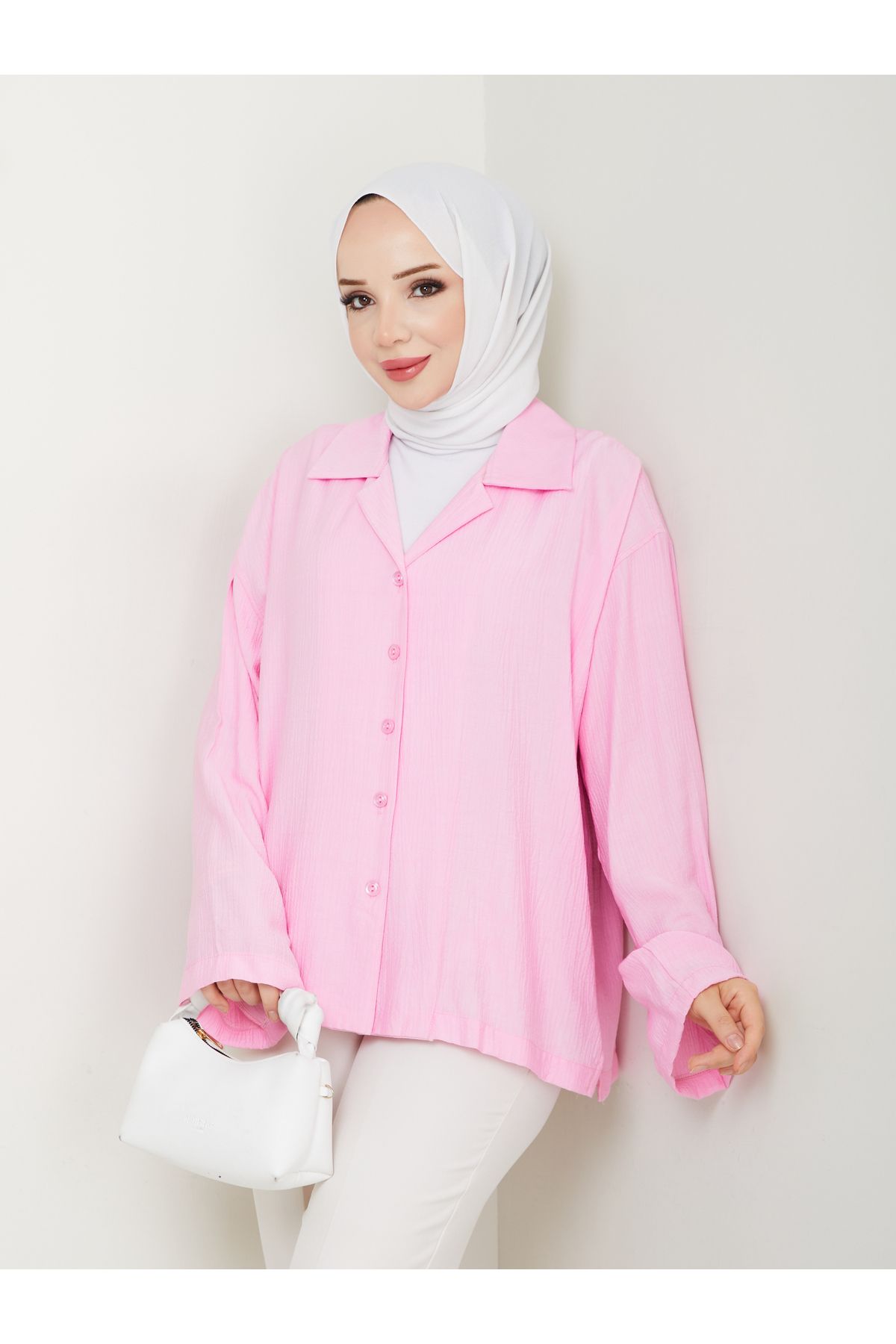 MODAMERSİ Kadın Pembe Dokulu Kumaş Oversize Gömlek