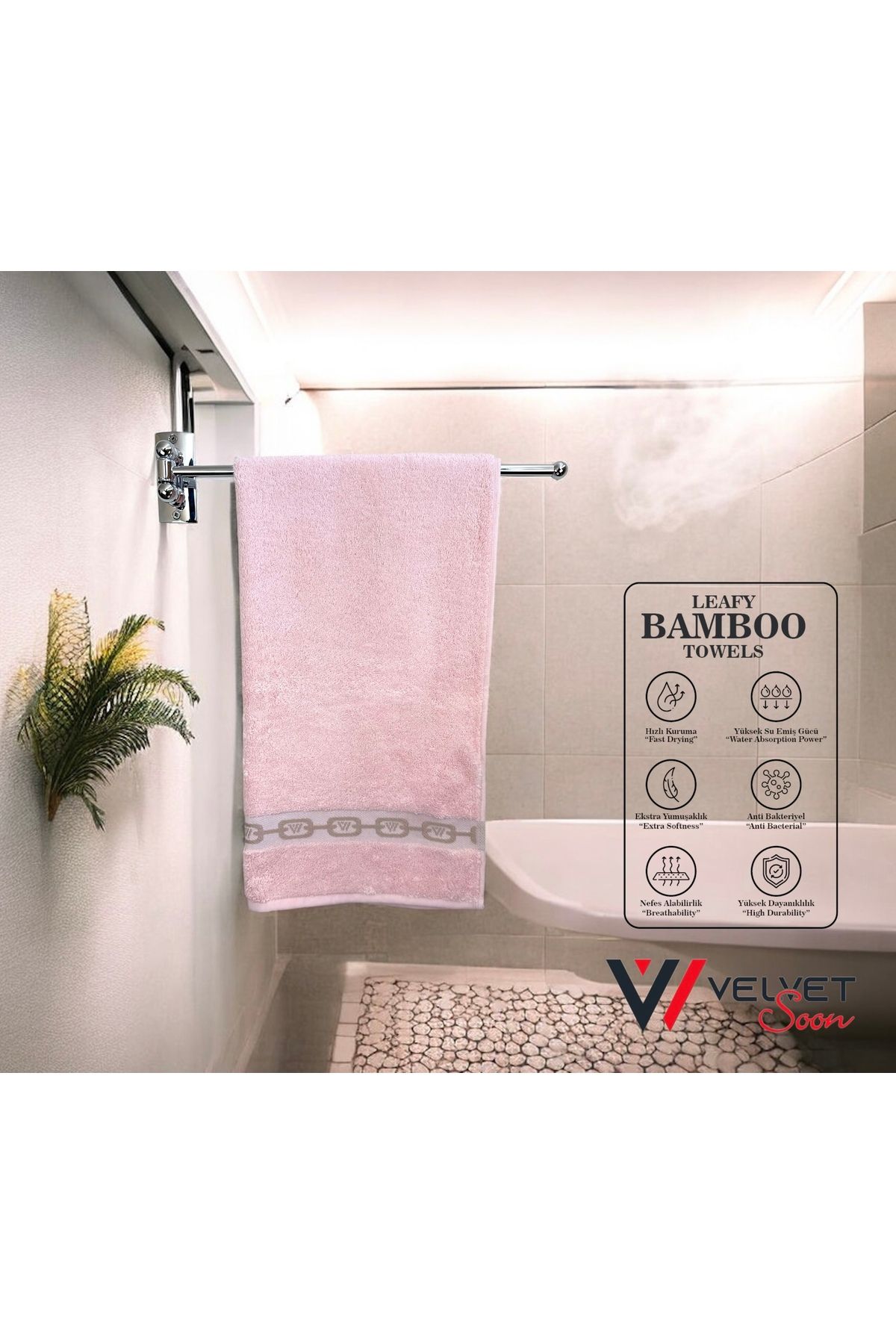 Velvet Soon Bambu Pembe Zincir Bordür 50x90 El Ve Yüz Havlusu